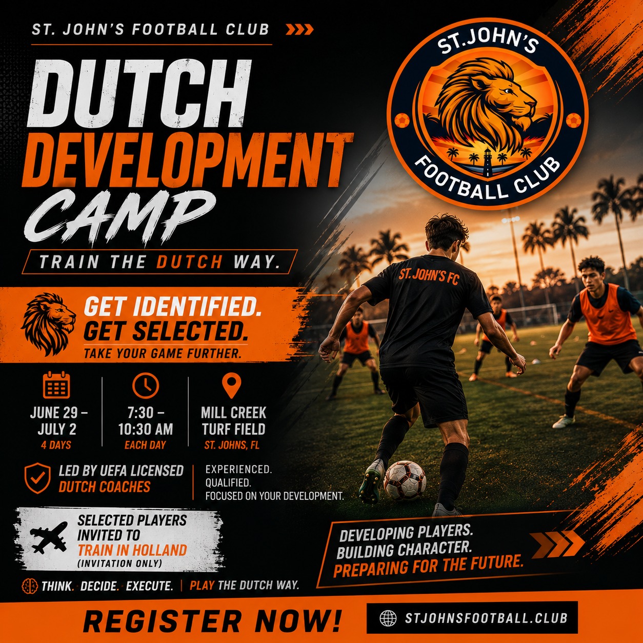 More than a camp. A pathway.
Our Dutch Development Camp is designed for players who want more than just touches on the ball. Every session is built around decision-making, football intelligence, positional play, and learning how the game is actually played.
Led by UEFA licensed Dutch coaches, this is a chance for players to train inside a true European development environment.
And for select players…
🇳🇱 Opportunities to train in Holland as part of our broader Dutch Development Program.
This isn’t about collecting trophies in June.
It’s about building players for the future.
📍 Mill Creek Turf Field
📅 June 29 – July 2
⏰ 7:30–10:30 AM
Limited spots available.
👉 stjohnsfootball.club