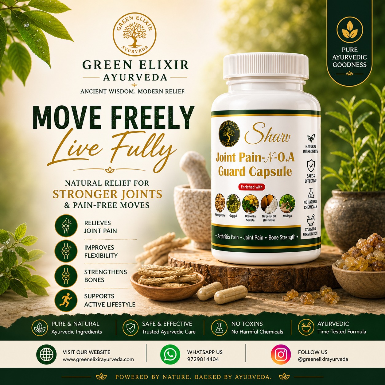 🌿 Ayurvedic care for stronger joints & better mobility.
Sharv Joint Pain-M.O.A Guard Capsule is crafted with trusted herbal ingredients to support joint comfort, flexibility, and active living naturally.
✅ Supports joint strength
✅ Helps improve flexibility
✅ Ayurvedic & natural formulation
✅ No harmful chemicals
✨ Stay active. Stay stronger. Stay natural.
📲 Order now on WhatsApp: 9729814404
🌐 Visit: Green Elixir Ayurveda Official Website
#GreenElixirAyurveda #Ayurveda #JointPainRelief #AyurvedicCapsule #NaturalHealing #PainRelief #HealthyJoints #HerbalCare #AyurvedicLife #WellnessJourney #MoveFreely #BoneHealth #NaturalWellness #HolisticHealth #FitnessLifestyle #DailyWellness #OrganicLiving #AyurvedicMedicine #IndiaWellness #ViralPost #TrendingNow #HealthCare #MobilitySupport #HealthyLifestyle #explorepageًًًp0
