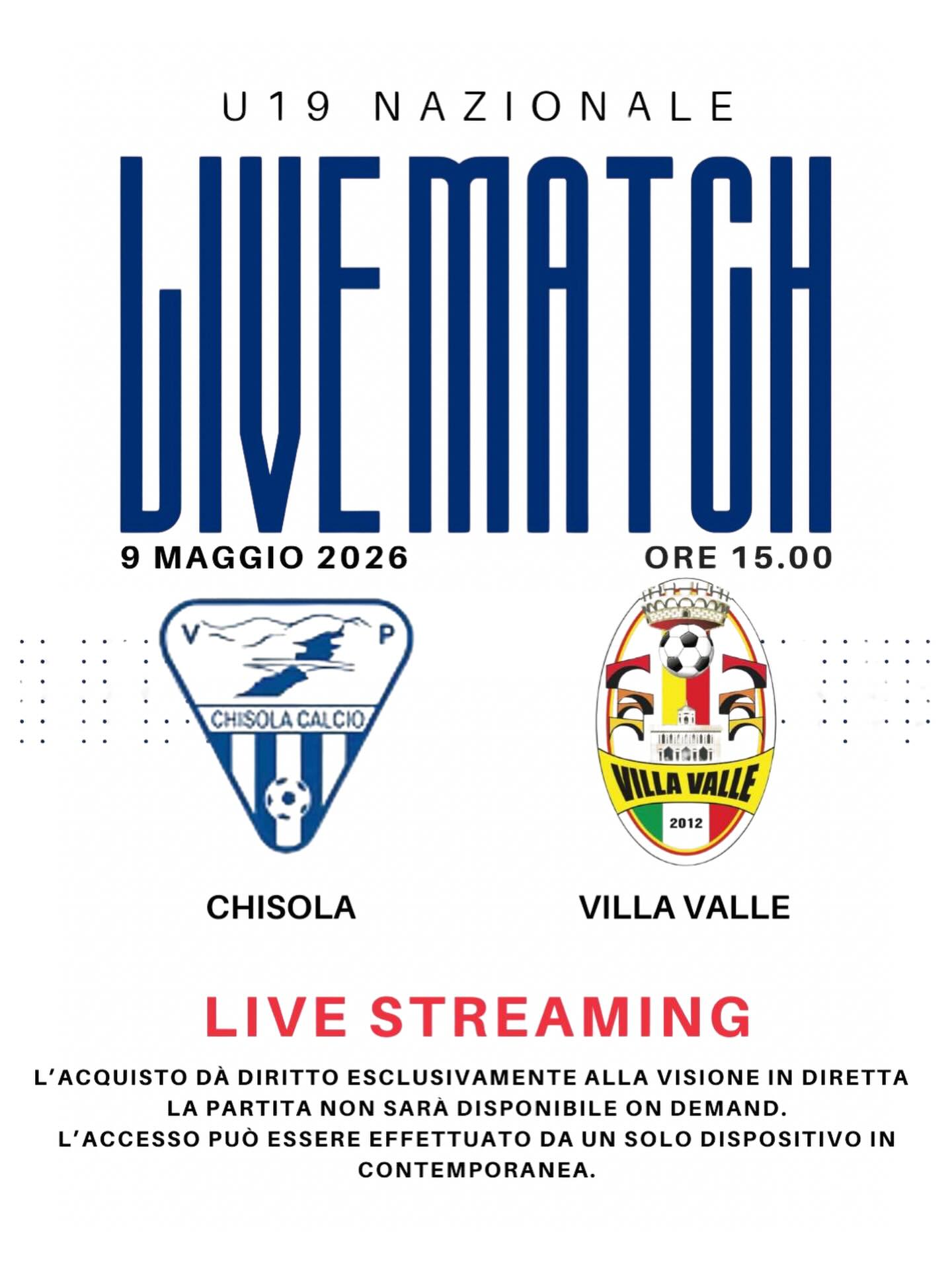 Sabato 09 maggio alle ore 15:00 ti aspettiamo allo stadio per la sfida tra Chisola U19 e Villa Valle: il modo migliore per vivere tutte le emozioni del match.
Per chi non potrà essere presente, sarà comunque possibile seguire la gara in diretta — con telecronaca — acquistando il ticket per il live streaming al link in bio.
#wearechisola #chisolayouth
