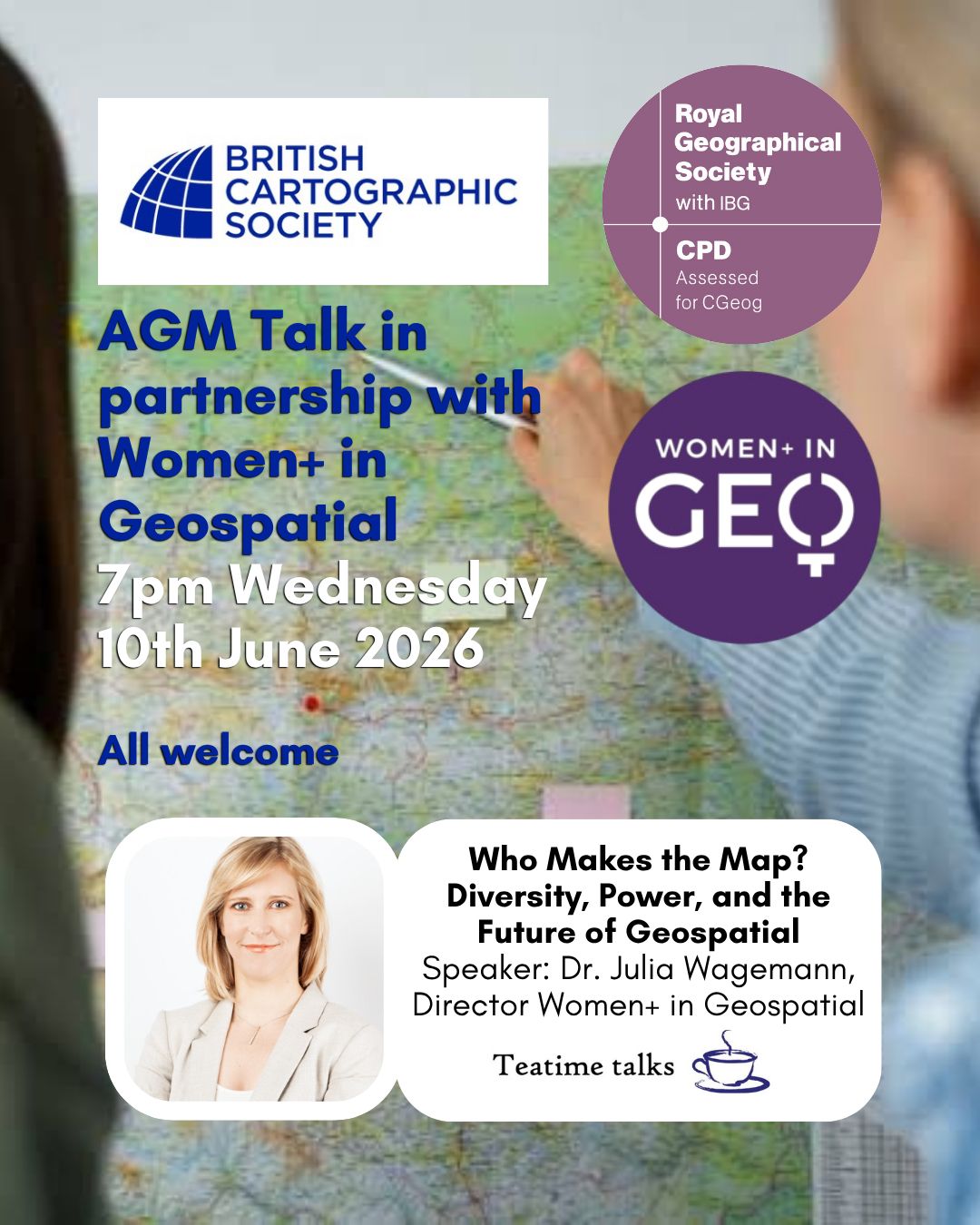 Save the date!
We are very excited to welcome our first Women+ in Geospatial speaker since agreeing a Memorandum of Understanding.
Please tune in after our BCS AGM on June 10th to hear from Dr. Julia Wagemann, Co-Founder and Director of Women+ in Geospatial, and Co-Founder thriveGEO - āWho Makes the Map? Diversity, Power, and the Future of Geospatialā.
All are welcome to attend this talk. Registration will open soon.