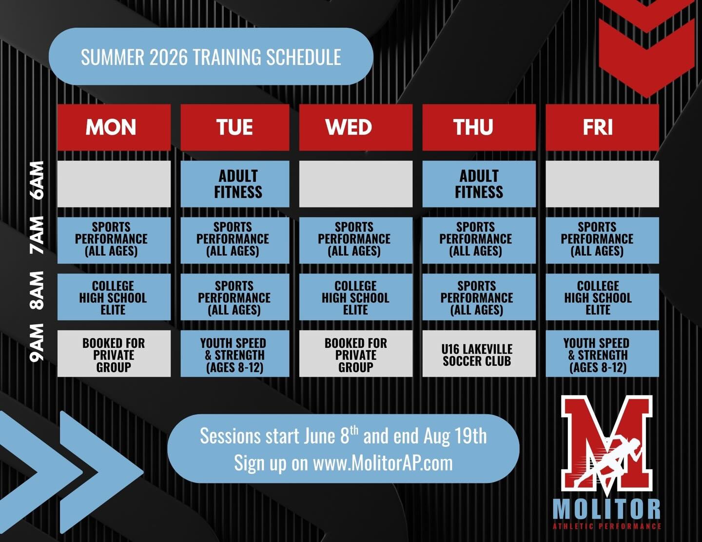 Summer Training schedule is live on MindBody! Follow the links on MolitorAP.com to sign up. Excited to get to work! Gonna be the best summer of gains yet!