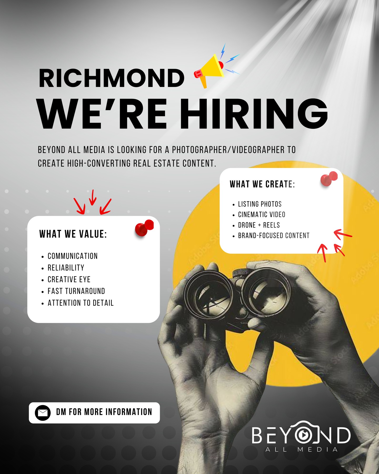 Richmond โ weโre growing again. ๐ธ
Beyond All Media is looking for a photographer/videographer who knows how to create content that grabs attention and helps real estate listings stand out online.
Weโre not just looking for someone with a camera.
We value:
โข Strong communication
โข Reliability
โข Fast turnaround
โข Attention to detail
โข A creative eye for storytelling
Our team creates:
๐ก Listing Photos
๐ฅ Cinematic Video
๐ Drone Content + Reels
๐ฑ Brand-Focused Media
If youโre passionate about real estate media and want to work with a fast-moving creative team, weโd love to connect.
DM us for more information. ๐
#RichmondVA #NowHiring #PhotographerJobs #VideographerJobs #RealEstatePhotography