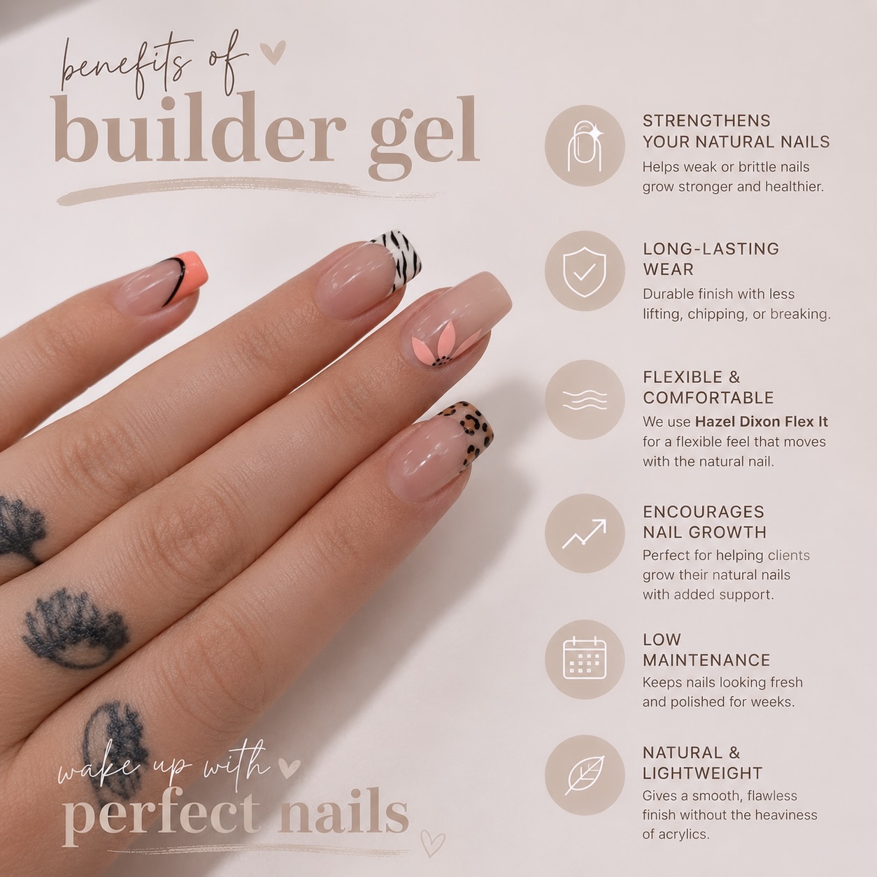 Strong, healthy nails but make it pretty ✨💅
Builder gel is perfect for adding strength and support to your natural nails while keeping them looking flawless for weeks. We use Hazel Dixon Flex It for its flexible, lightweight feel and long-lasting finish 🤍
Perfect for:
✨ Nail growth
✨ Extra strength
✨ Reduced breakage
✨ Long-lasting wear
✨ A natural, glossy finish
Say goodbye to weak nails and hello to your natural nail journey 💫