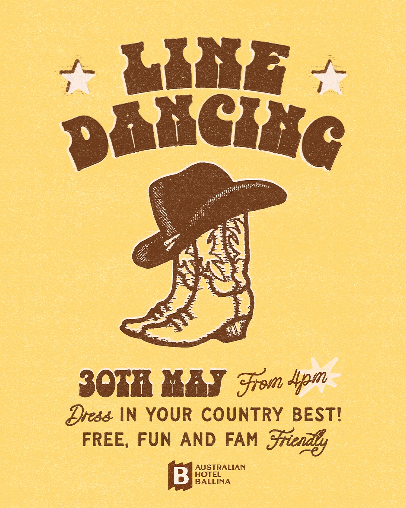 HOWDY AGAIN, BALLINA 🤠 You asked for another one… so we’re running it back.
Line Dancing returns to the Aussie on Saturday 30th May from 4pm ~ bigger, louder, and with over $200 in prizes up for grabs, yeehaa!!!
Best dressed. Best moves. Best energy ⚡️ We’re handing out vouchers, free drinks, and a few bragging rights while we’re at it.
Big country tunes all arvo.
Same themed cocktails pouring:
🍑 Peach Ranch Margarita
✨ Boot Scootin’ Spritz
💖 Pink Rodeo Fizz
Free, fun, family friendly, AND absolutely no experience needed. Dress in your country best and get amongst it folks!
#AustralianHotelBallina #Ballina #Balna #LineDancing #NorthernRiversNSW