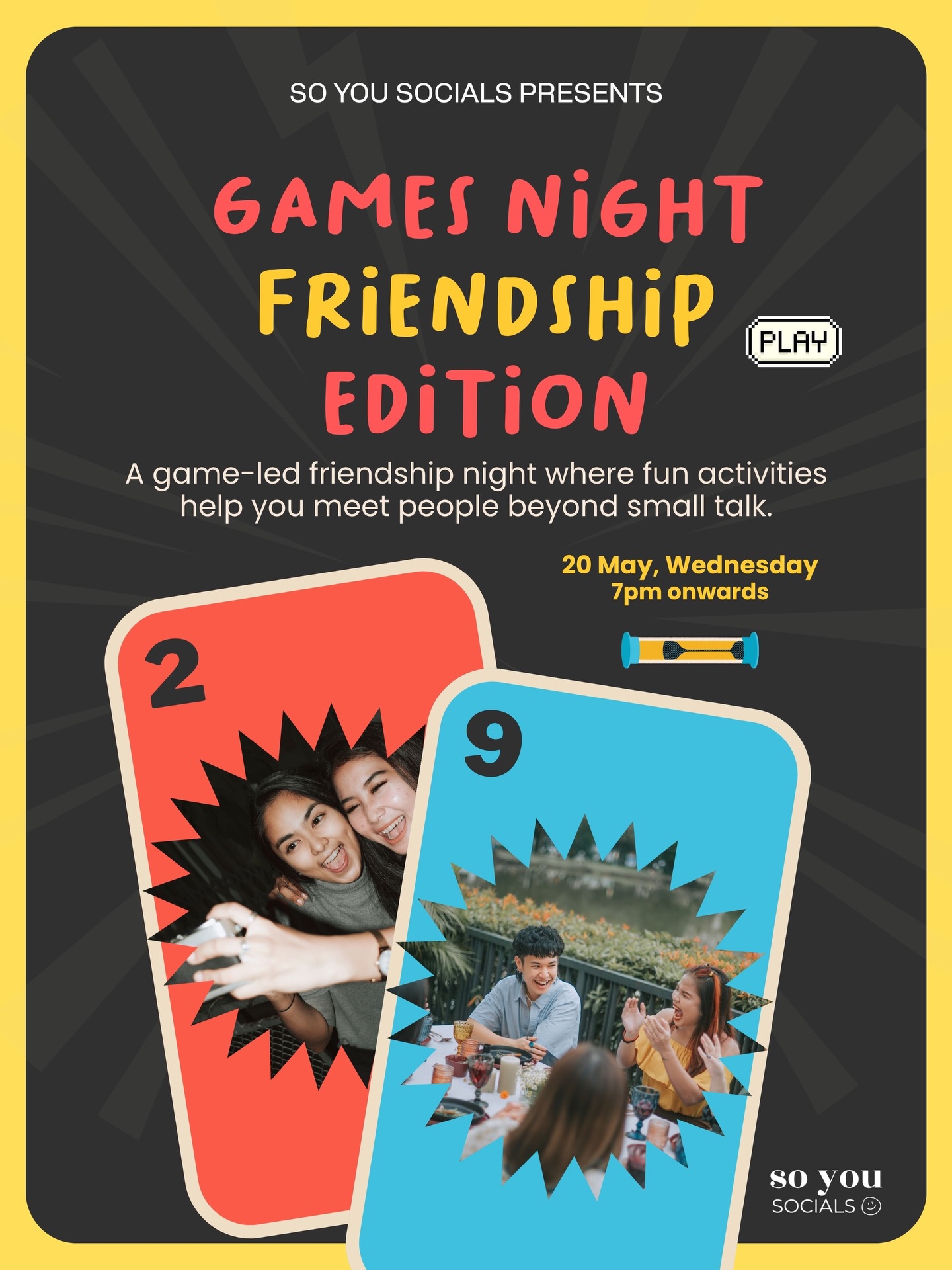 Games Night: Friendship Edition 👯
<Register via link in bio>
👯 Games Night: Friendship Edition is a relaxed, game-led social for anyone who wants to meet new people in a low-pressure, structured, and fun way.
You will play through fun Would You Rather, Yes/No, and scenario-based prompts in small circles, with light facilitation to keep the energy warm, easy, and natural.
This is for you if you:
- want to make new friends in a relaxed setting
- find mingling or networking events awkward
- enjoy games, prompts, and meaningful-but-light conversations
- want something more interactive than just sitting around chatting
- prefer small-group conversations over large-group attention
- are open to meeting people beyond your usual circles
- want a night that feels fun, warm, and easy to join
Event Details
📅 Date: 20 May Wednesday
⏰ Time: 7 PM – 9 PM
📍 Venue: 195 Pearl’s Hill Terrace, near Chinatown MRT
🎟️ $18
#eventssg #mentalhealth #mentalhealthawareness
#singapore