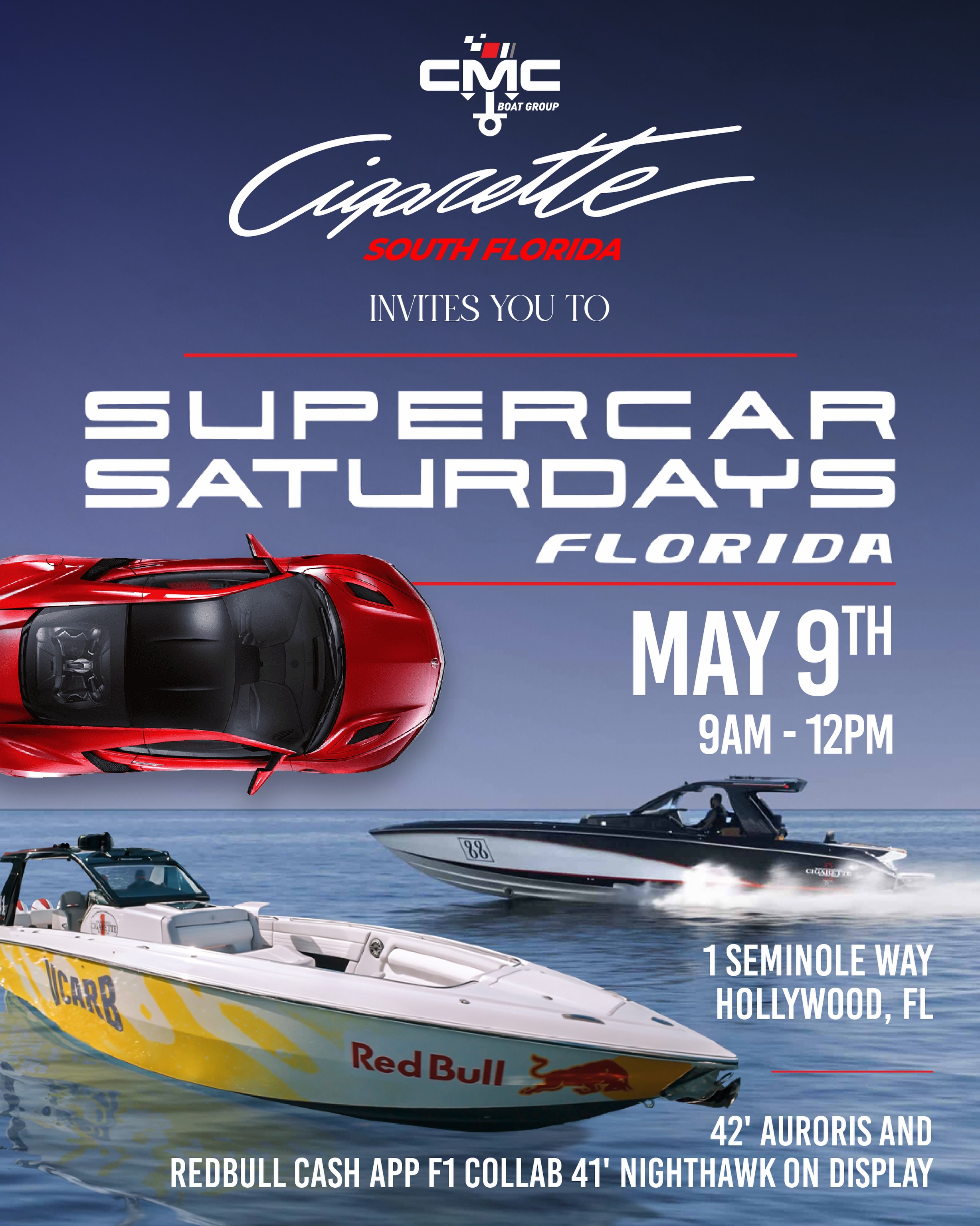 SuperCars meet SuperBoats this Saturday at Seminole Hard Rock Hotel & Casino Hollywood.
Stop by to explore our stunning lineup of Cigarette Racing boats, connect with our team, and talk all things performance on the water and road.
Cigarette South Florida by CMC Boat Group
South Florida’s Premium Boat Mansion.
📍 SLT Fort Lauderdale
📍 Grove Harbour Marina, Miami
Cigarette South Florida – (954) 909-5480
#CigaretteSouthFlorida #Cigarette #cmcboatgroup #wallycastromarine #sltcollection