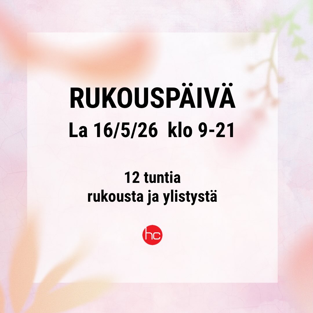Tervetuloa mukaan 12 tunnin rukous- ja ylistyspäivään la 16.5. klo 9-21! Voit osallistua myös osan aikaa. Jumalan läsnäolo on maailman paras paikka.
P.S. Ota halutessasi omat eväät mukaan, keittiöstä löytyy jääkaappi ja mikro.