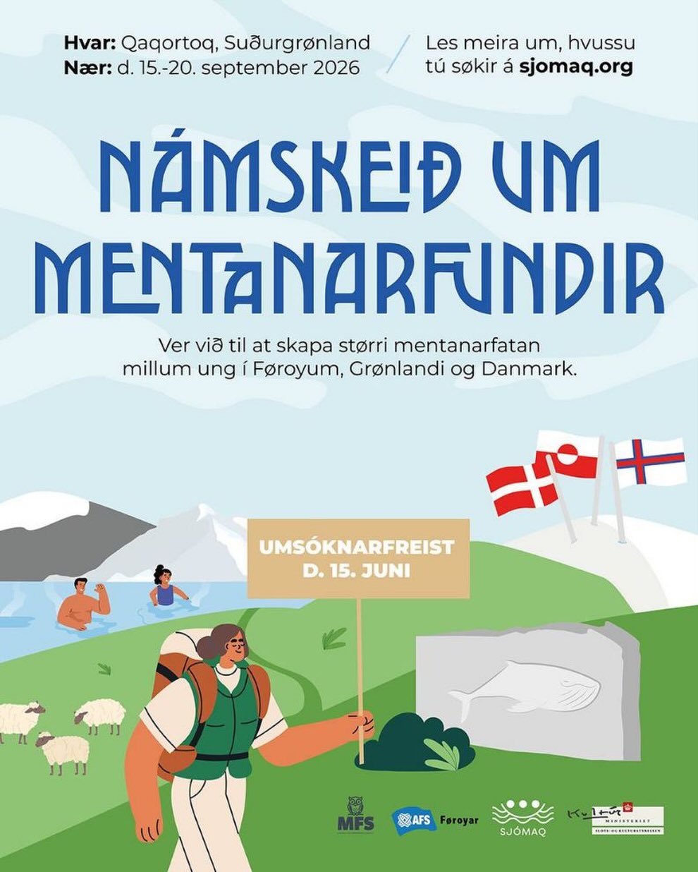 Námskeið um mentanarfundir í Suðurgrønlandi!
Forvitnast tú um mentanarfundirnar millum Grønland, Føroyum og Danmark? Vilt tú læra meira um, hvussu ein kan skapa størri skilna og meira javnvirði millum ung tvørtur um teimum trimum londunum? Og kundi tú somuleiðis hugsa tær at fingið (nýggjar) vinir úr Grønlandi og Danmark og lært meira um ríkisfelagsskapin?
Hvar og nær? Qaqortoq, Suðurgrønland, 15.-20. september 2026.
Umsóknarfreistin er tann 15. juni kl. 23.59. (donsk tíð)
🔗Les meira her ella umvegis link i bio: https://fo.sjomaq.org/tiltoek/namskeidh-um-mentanarfundir