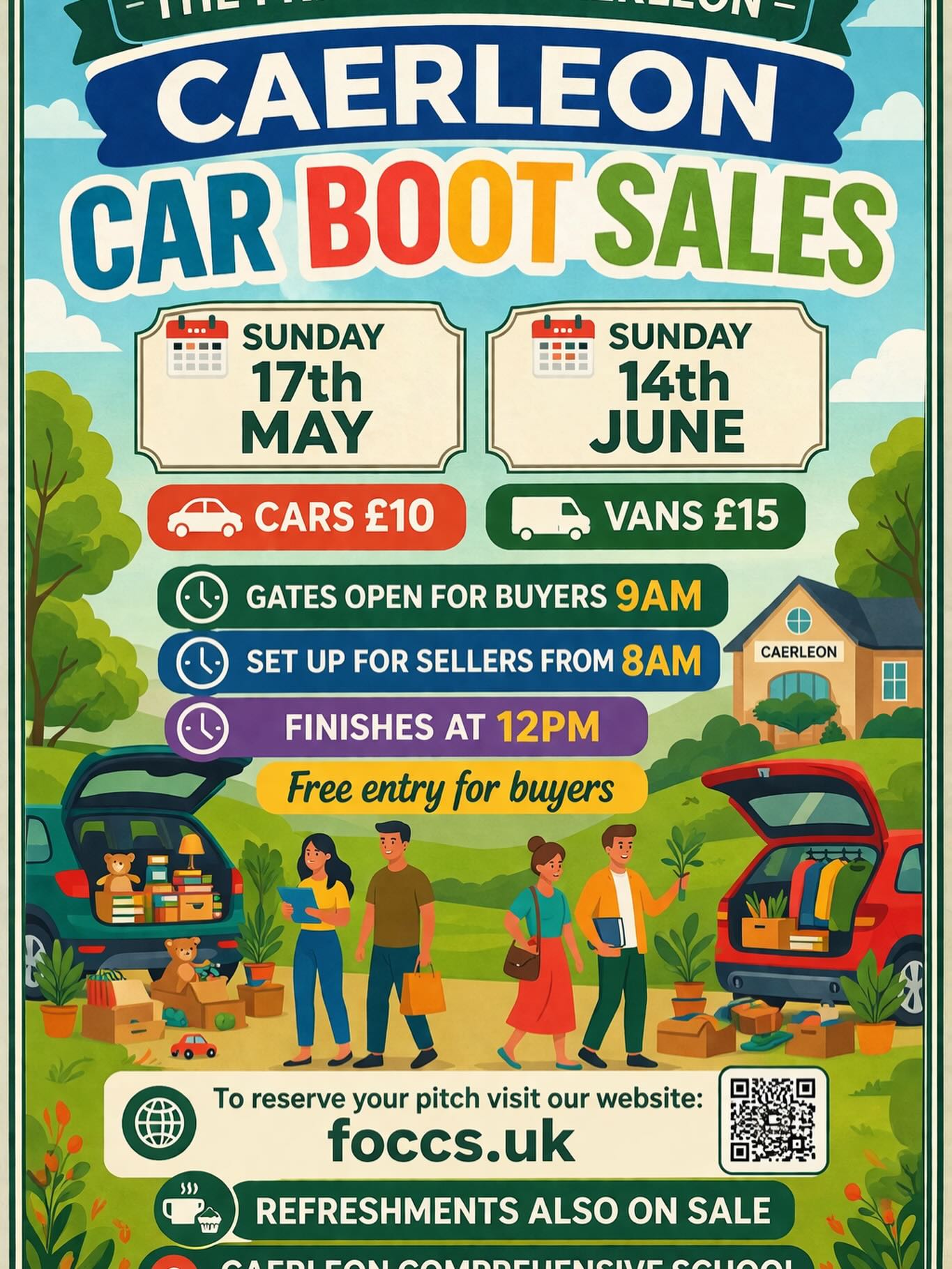 @foccscaerleon car boot sales start this month!
Reserve your space today by going to the website foccs.uk