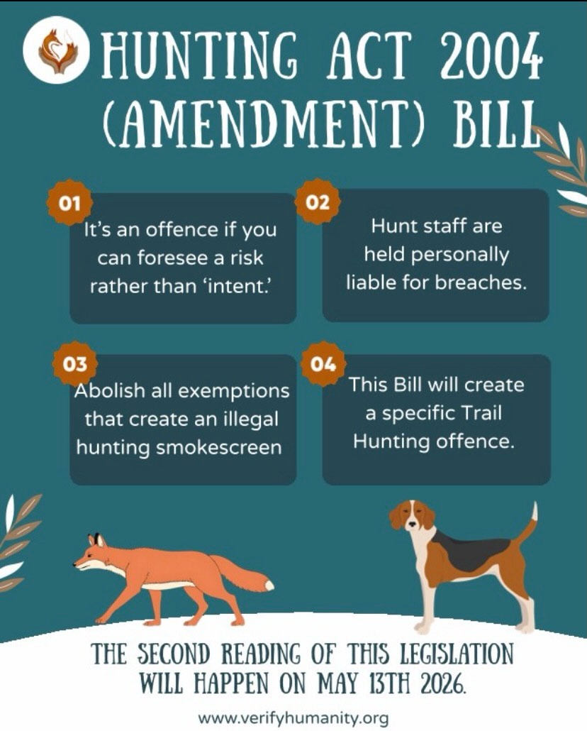 Second Reading of the Hunting Ban 2004 (Amendment) Bill
Today sees the second reading of the Hunting Ban 2004 (Amendment) Bill, a Private Member’s Bill introduced by Neil Duncan-Jordan and other co-sponsors. In brief, it acts as an effective example of how to end hunting with dogs, having been created by a group of experts, MPs and stakeholders, including Verify Humanity. The aim is to guide the Government’s upcoming legislation. We don’t want to see another half-hearted Hunting Act that can be exploited by wildlife criminals.
Kate Fox, the Founder of Verify Humanity, says, “”We look forward to this Bill bringing an end to an era where wildlife crime has reigned as an acceptable countryside pursuit by an entitled minority. Banning Trail Hunting and removing the exemptions that have facilitated illegal hunting will play a key role in its success.””
#HuntingBan #FoxHunting #Wildmammals #UKConservation #goverment
Source
Parliamentary Bills - Hunting Act 2004 (Amendment) Bill https://lnkd.in/evqmb2kv