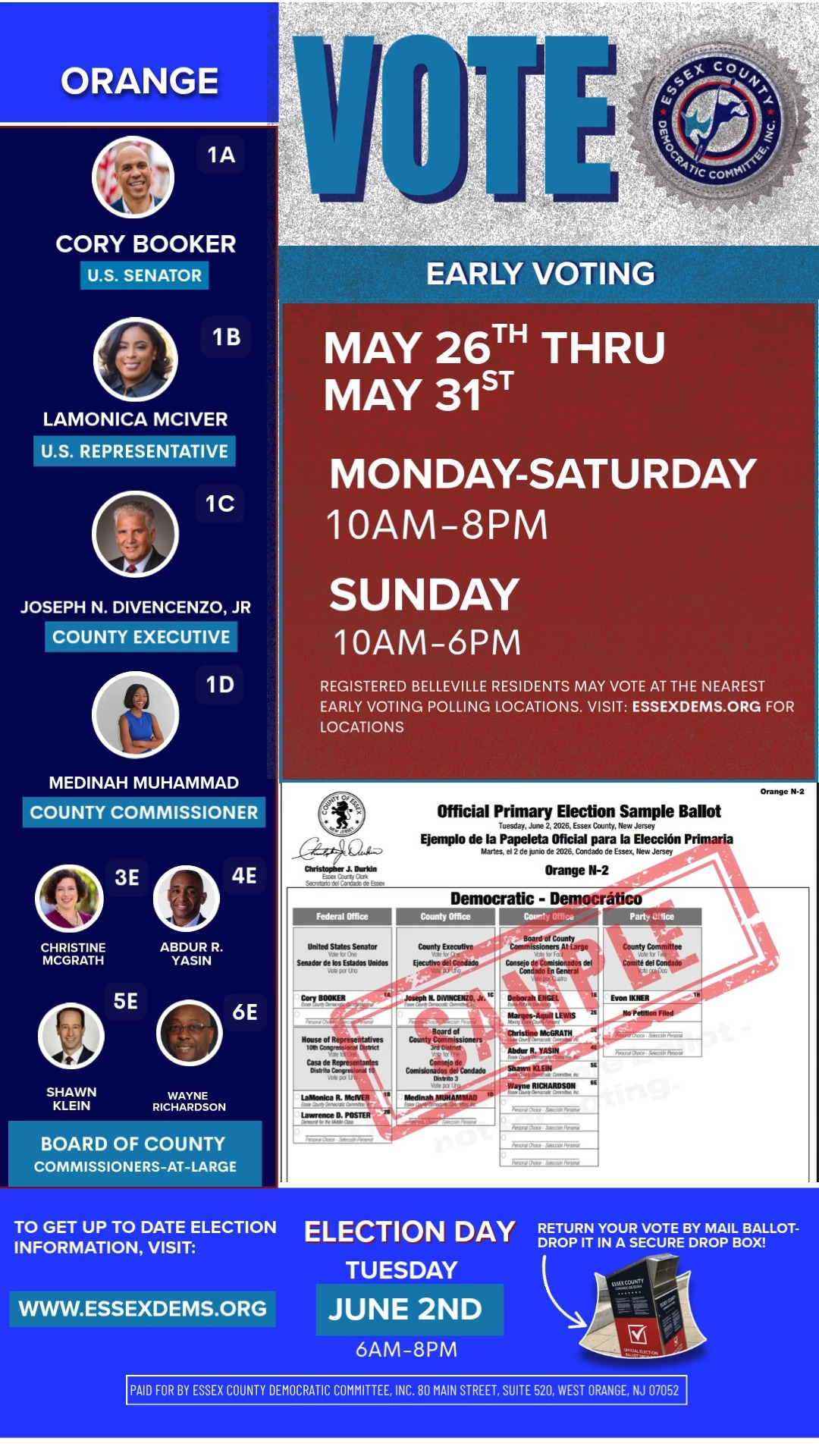 ORANGE, The Ballots are out!
If you have your vote-by-mail ballot. Don't delay, sign it, seal it, and drop it in the nearest secure drop box. Be the first to cast your vote for the June 2nd Primary.
Drop a 👍 below if you returned your ballot. Tag a friend if they need a reminder.
Vote for:
Senator Cory Booker, U.S. Senate, 1A
LaMonica McIver, U.S. Representative, 1B
Essex County Executive Joseph N. DiVincenzo, Jr., 1C
Medinah Muhammad, Essex County Commissioners, 1D
Christine McGrath for Essex County Commissioner At-Large, 3E
Abdur R. Yasin, County Commissioner-At-Large, 4E
Shawn Klein, County Commissioner-At-Large, 5E
Wayne L. Richardson, County Commissioner-At-Large, 6E
And all County Committee Leaders
#VoteByMail #essexdemsendorsed #VoteNow #nj2026elections