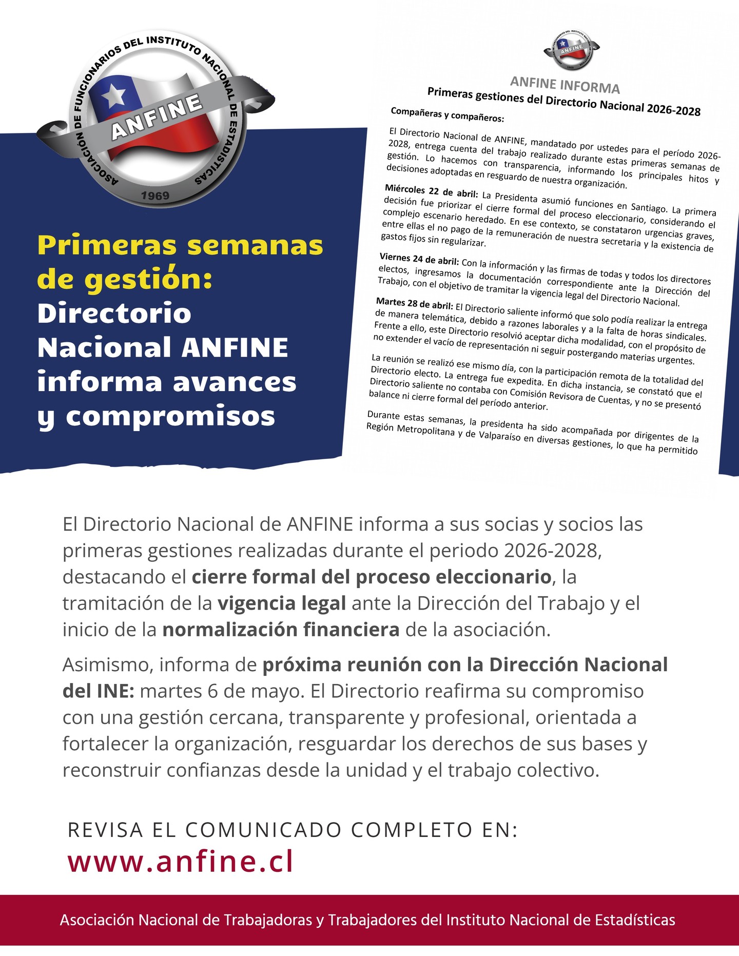 📢 ANFINE INFORMA PRIMERAS GESTIONES DEL DIRECTORIO NACIONAL 2026-2028
🤝 El Directorio Nacional de ANFINE comparte con sus socias y socios una cuenta breve de las primeras semanas de gestión, informando avances relevantes como la tramitación de la vigencia legal, el inicio de la normalización financiera y las próximas gestiones institucionales ante la Dirección Nacional del INE.
🔗 Revisa comunicado en www.anfine.cl
#ANFINE #DirectorioNacional #GestiónTransparente #UnidadGremial #TrabajoColectivo #INE