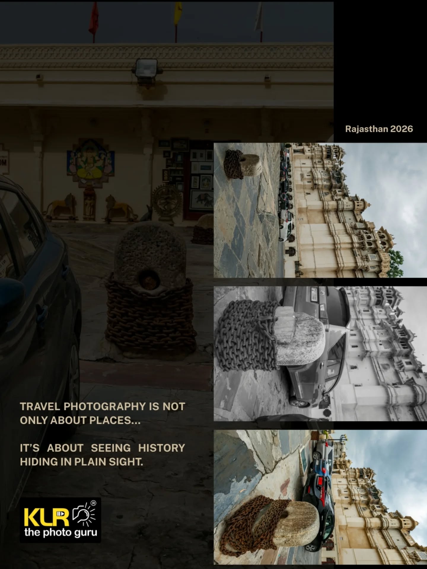 At the City Palace, Udaipur — I noticed something most people walked right past.
An old stone post. A heavy iron chain. Quietly sitting between parked cars.
Once, this chain held royal elephants.
Today, it guards a parking spot.
Same stone. Different era.
Travel photography is not about visiting places — it's about learning to see history hiding in plain sight.
கண்ணில் தெரிவதை மட்டும் பார்க்காதீர்கள் — கதை சொல்வதை கண்டுபிடியுங்கள்.
(Don't just look at what's visible — find what tells a story.)
Our next Photography Tour announcement is coming soon.
Follow KLR The Photo Guru so you don't miss it. 📷
📍 City Palace, Udaipur
📸 Rajasthan Photography Tour — 2026
#TravelPhotography #VisualStorytelling #PhotographyTour #LearnPhotography #KLRThePhotoGuru Udaipur CityPalaceUdaipur RajasthanDiaries PhotographyIndia StreetPhotography
