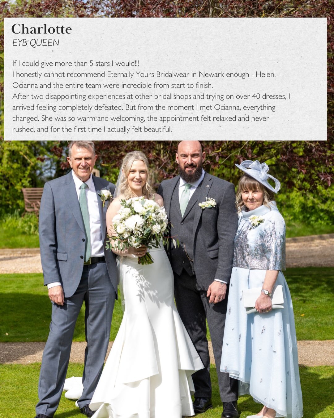 This is exactly why we love what we do 🤍
Charlotte found her dress at her very first appointment, and from that moment on it was such a special journey to be part of. From fittings to those final little bespoke details, seeing everything come together for her big day was just amazing.
Hearing how happy, comfortable and confident she felt on the day honestly means everything to us. It’s not just about the dress — it’s the whole experience, and making sure every bride feels completely herself.
Charlotte, thank you so much for trusting us and for your kind words. You looked absolutely beautiful, and we feel so lucky to have been part of it 🤍✨
We’ll never take for granted being part of moments like this.
#realbride #bridaljourney #weddingdress #bridalboutique
