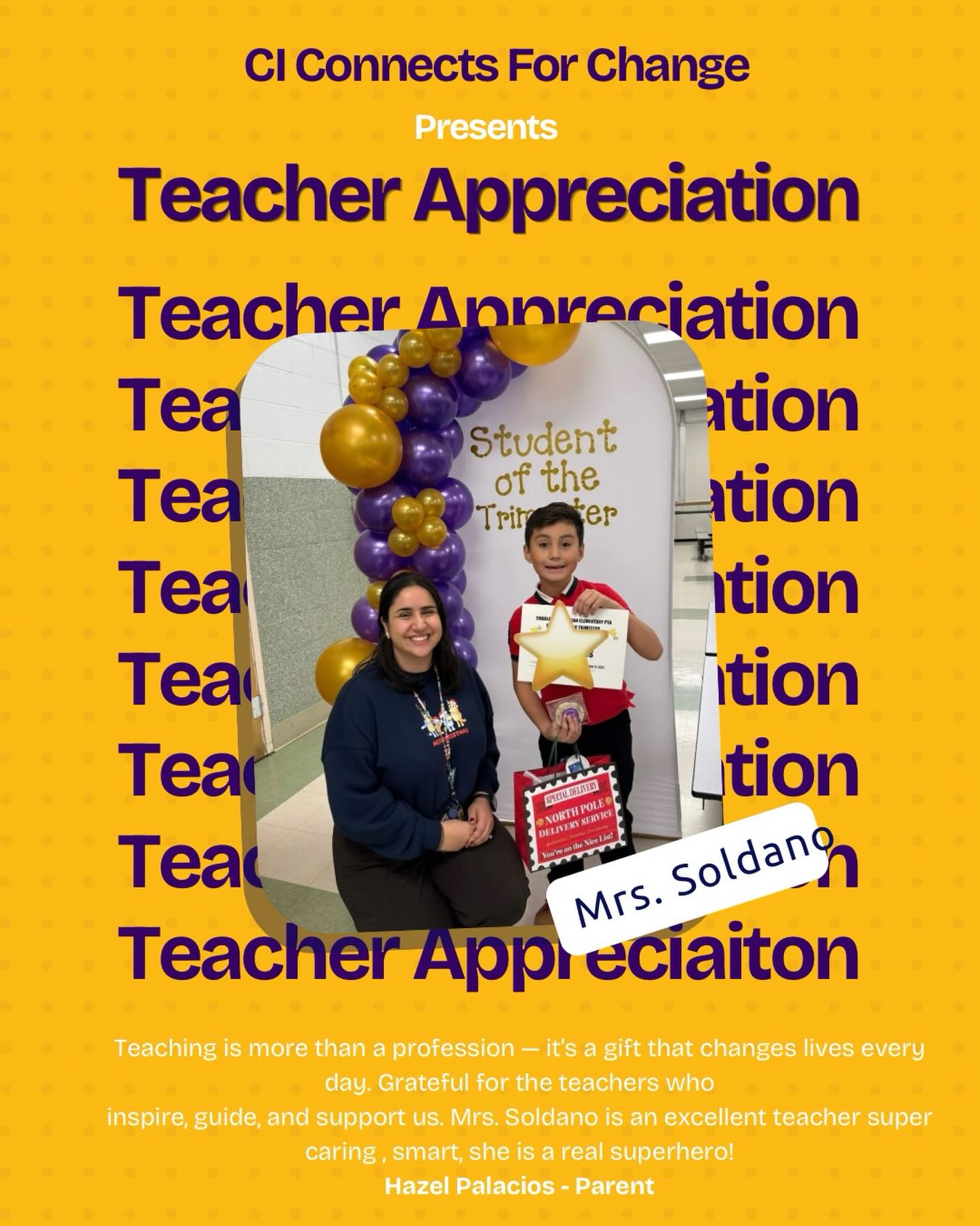Teaching is more than a profession — it’s a gift that changes lives every day. Grateful for the teachers who inspire, guide, and support us. Mrs. Soldano is an excellent teacher super caring , smart, she is a real superhero! 🦸