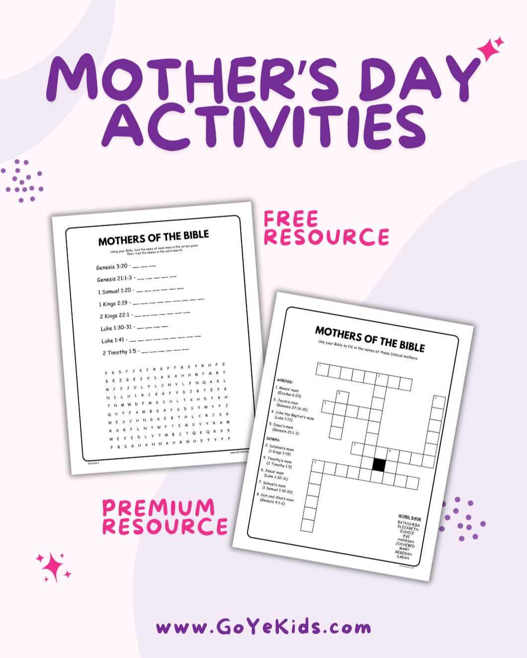 Learn about and/or review some of the mothers of the Bible with these printable activities!
Our free Mother's Day activity prompts students to look up Bible verses to find the name of each mom, then find each mom's name in the word search.
Our premium Mother's Day activity is part of our All-Year Holiday Crosswords bundle and it prompts students to use their Bibles to find each mom and place their names in the crossword grid.
These activities are perfect for Mother's Day church services, Sunday School, Kids Church, Christian school classrooms, homeschoolers, and more!
Available now at GoYeKids.com! Link in bio.