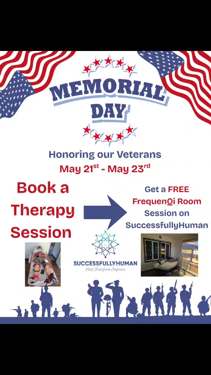 This Memorial Day, we honor and give back to our Veterans 🇺🇸
Book a therapy session between May 21- May 23 and receive a FREE FrequenQi Room session.
A small way to support those who’ve given so much.
📲DM us for more information or visit SuccessfullyHuman.com
Este Día de los Caídos, honramos y retribuimos a nuestros Veteranos 🇺🇸
Reserva una sesión de terapia entre el 21 de Mayo y el 23 de Mayo y recibe una sesión GRATIS en la Sala FrequenQi.
Una pequeña manera de apoyar a quienes han dado tanto.
📲Envíanos un mensaje directo para más información o visita SuccessfullyHuman.com
#successfullyhuman #biomagnetictherapy #biomagnetismo #veteransday #givingback