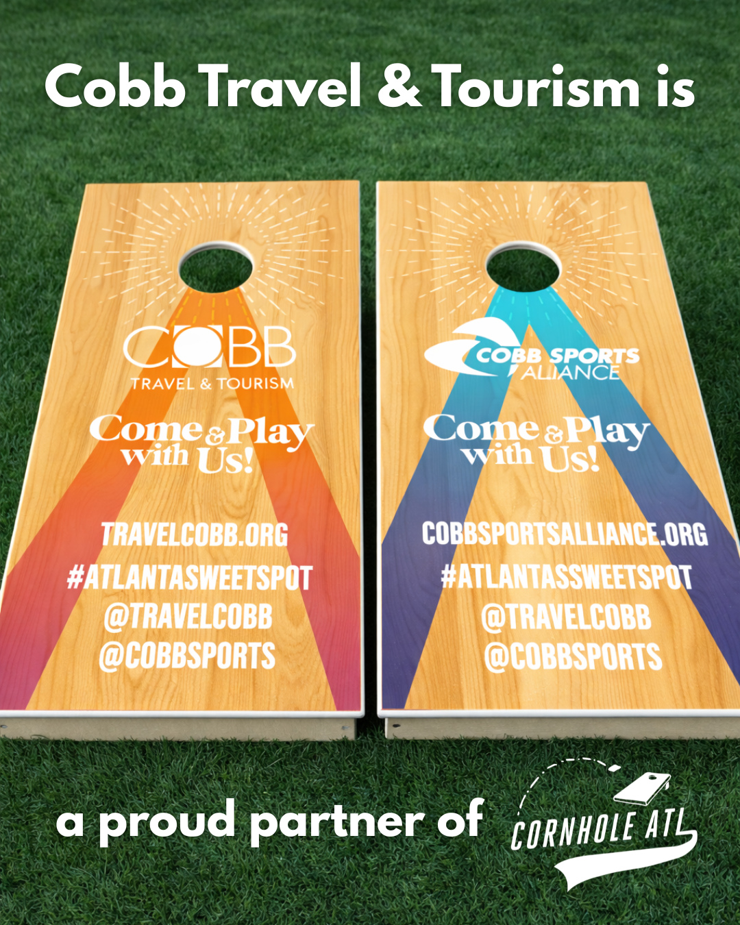 We are proud to team up with @travelcobb and @cobbsports 🤝 We love doing our part to support the Cobb County economy the best way we know how: bringing people together over the game of cornhole. If you’re looking for things to do in Cobb (events, spots to eat/drink, or planning a weekend), Cobb Travel & Tourism has you covered.