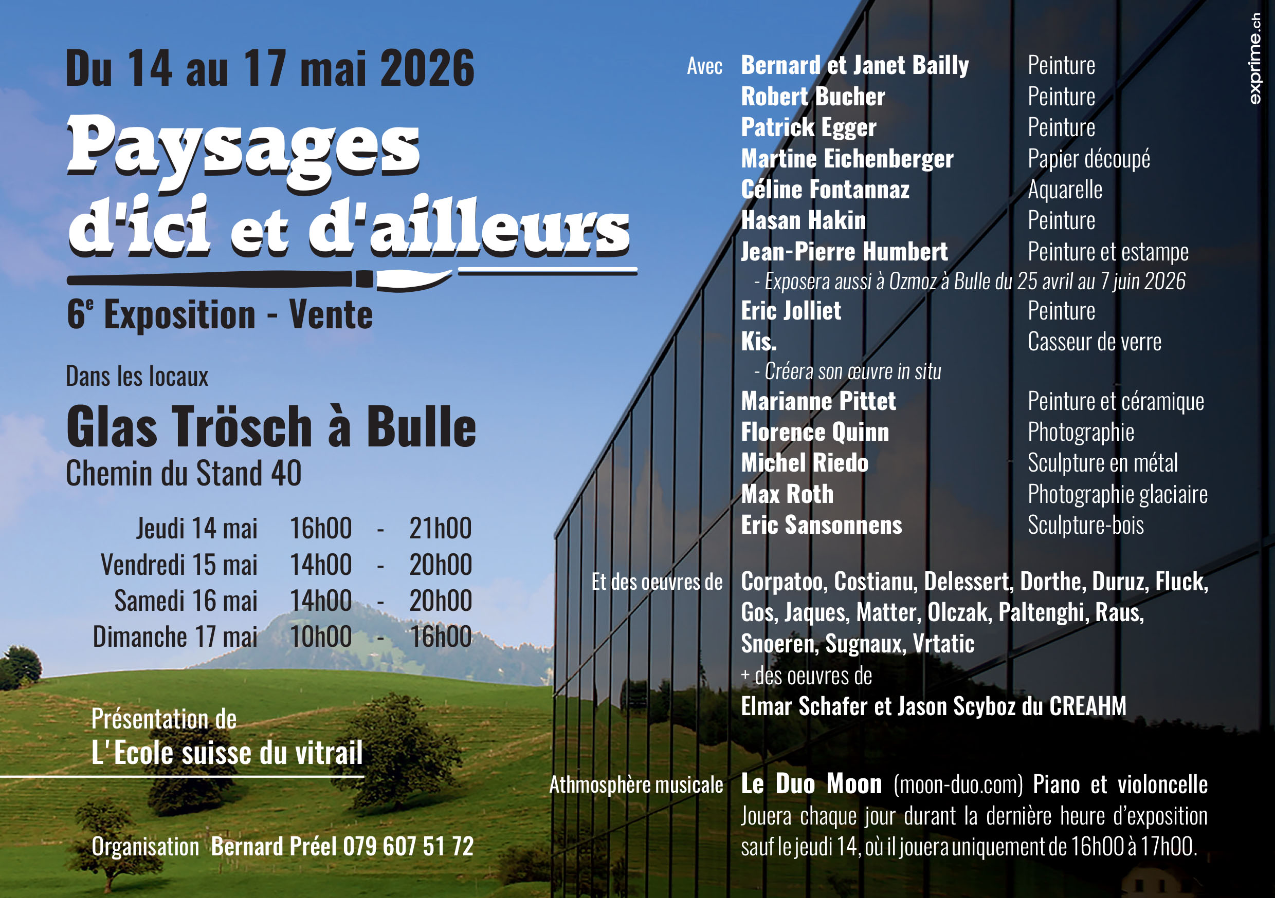 Rêve d’Ogoz
Peintures de Bernard Bailly pour l’exposition collective PAYSAGES D’ICI ET D’AILLEURS dans les locaux de Glas Trösch à Bulle du 14 au 17 mai 2026
PAYSAGES
Avec Rêve d’Ogoz, je réaffirme mon attachement « blochérien » à une région et à une tradition « historique » de peintures de paysages représentée par l’école fribourgeoise des peintres de paysage. Mon attachement au Collège Saint-Michel, où, comme moi, un nombre important de peintres de ce mouvement ont étudié et enseigné (cf. la publication éditée pour l’exposition "Peintres et sculpteurs fribourgeois au Collège St-Michel de 1850 à nos jours", réalisation Dominique Rey avec ses étudiants du cours d’histoire de l’art, édition Saint -Michel, 1983).
D’ICI
Une série de peintures réalisées en 2025 et 2026 en atelier. Ce sujet me hantait depuis plusieurs années et l’invitation de Bernard Préel m’a donné l’occasion de concrétiser enfin ce que j’avais déjà conçu depuis plusieurs années dans ma tête. Les tableaux de l’exposition de Glas Trösch ont été réalisés à partir de plusieurs repérages effectués ces dernières années sur le site d’Ogoz lorsque j’accompagnai Janet pour des séance de peinture sur le motif. Le travail présenté à Bulle est composé de nouvelles peintures et de plus anciennes qui ont été adaptée pour compléter cet ensemble.
La régulation saisonnière du niveau de l’eau « une marée en montagne » illustre deux faces de la beauté : le beau et le sublime. Selon Edmund Burke, le sublime c’est la beauté par l’effroi (cf. 1757, "A Philosophical Enquiry Into the Origin of Our Ideas of the Sublime and Beautiful", Recherche philosophique sur l'origine de nos idées du sublime et du beau).
ET D’AILLEURS
Cette série de tableaux est une rêverie qui met en rapport l’ici et l’ailleurs, le local singulier à l’universel. Des régions lointaines et si proches par le jeu de l’eau qui modèle la terre, la Bretagne, la Finlande, le Canada. Des paysages révélés par des peintres talentueux :
• Le sémaphore breton de Lucien Simon qui fut en 1904 le professeur de Raymond Buchs lors de son séjour parisien.
• Le Lac Keitele du finlandais Akseli Gallen Kallela.
• Les lacs canadiens des peintres du group of seven.