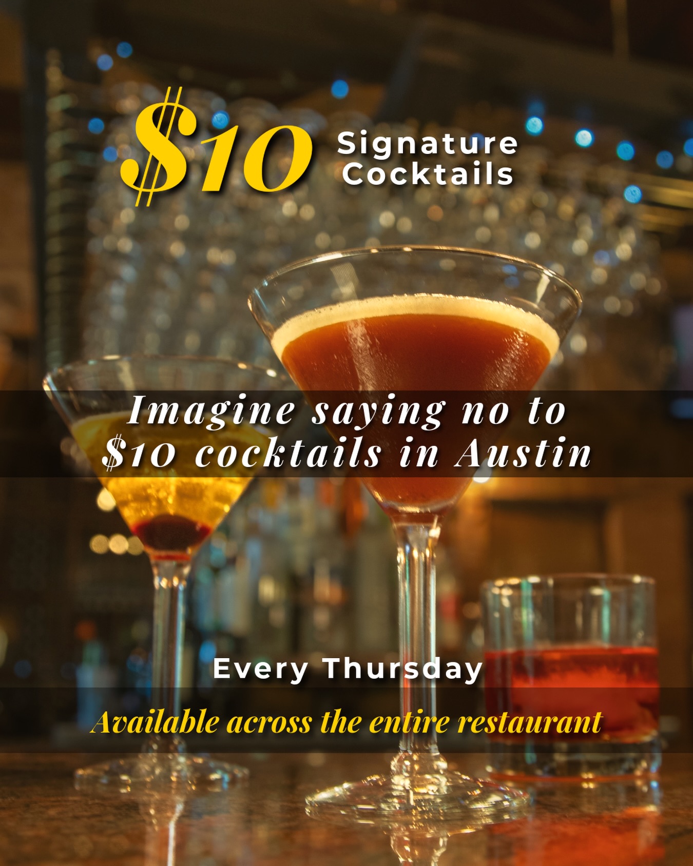 Every Thursday, all night long.
$10 signature cocktails at every table in the restaurant — bar, patio, dining room — from the time we open until we close.
Eight cocktails, all $10, every Thursday at one of Austin’s longest-running Italian restaurants.
📍 6203 N Capital of Texas Hwy, Austin, TX 78731
📞 (512) 349-7667
#ItalianFoodAustin #AustinItalian #SienaAustin #ThirstyThursdays