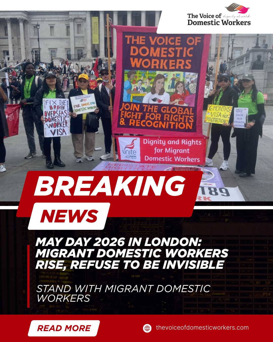 READ. SHARE. STAND IN SOLIDARITY.
This May Day 2026 in London, migrant domestic workers rose together with one clear message: We are here. We are workers. And we refuse to be invisible.
Behind closed doors, thousands of migrant domestic workers continue to care for families, clean homes, and sustain everyday life — yet many still face isolation, exploitation, and lack of protection. Organizations like The Voice of Domestic Workers continue to fight for justice, dignity, and rights for over 16,000 workers across the UK.
“No more exploitation. No more silence. No more hostile systems.”
This powerful article by Rolyn Muyco captures the voices, struggles, and strength of migrant domestic workers who are demanding to be seen and heard.
Take a moment to read and reflect:
Read the full article here: https://www.rfr.bz/ieb42de
“We make noise because silence never protected us.”
Please read the article, share it with your community, start conversations and tand with migrant domestic workers
Because change begins when we refuse to look away.
#VODW
#MayDay2026 #MigrantDomesticWorkers #EndExploitation #WorkersRights #Solidarity #LondonProtest