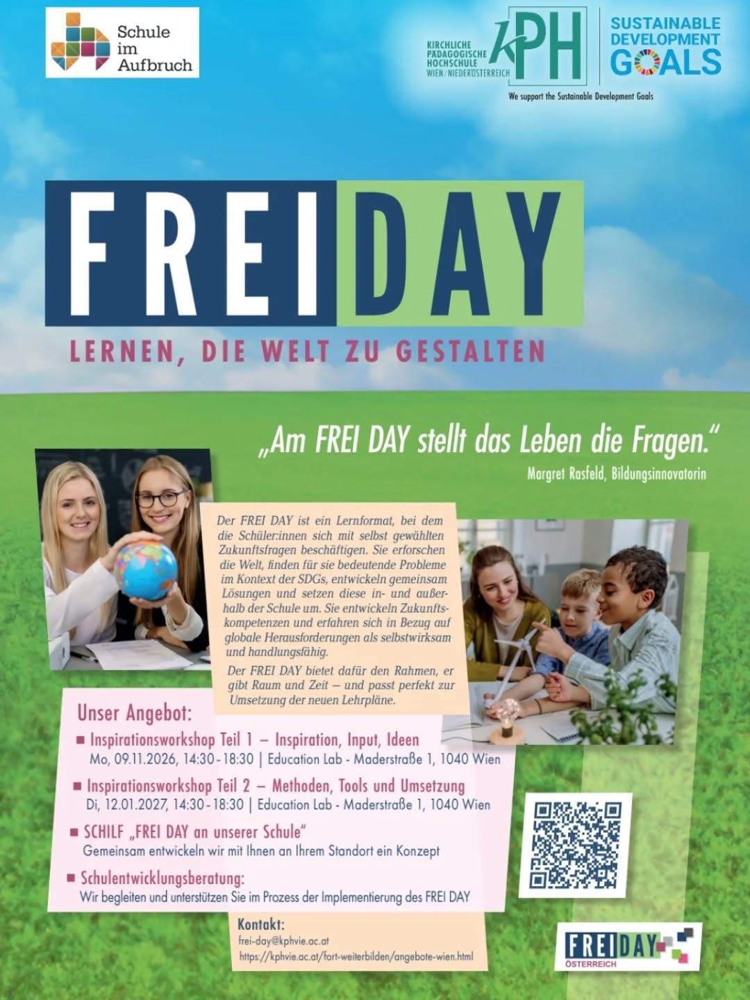 Die Fortbildungsreihe an der @kphwiennoe startet wieder 🥳🥳
In der 1. Lehrveranstaltung wird der FREI DAY als Bildungsformat vorgestellt, das Schüler:innen ermöglicht, sich mit Zukunftsfragen der 17 SDGs (Global Goals) der Agenda 2030 zu beschäftigen. Im Sinne des neuen Lehrplans fördert der FREI DAY die Kompetenzentwicklung für eine aktive Bewältigung gesellschaftlicher Herausforderungen.
Die Teilnehmenden lernen die Grundidee des FREI DAY kennen, erkunden zeitliche und räumliche Freiräume im Schulalltag und reflektieren die Rolle der Lehrkraft. Ziel ist es, durch kreative Lösungen und selbstständiges Arbeiten einen Beitrag zur Umsetzung der SDGs zu leisten.
- Grundgedanken und Leitidee des FREI DAY mit Bezug zum neuen Lehrplan
- Möglichkeiten/Freiräume innerhalb der schulischen Rahmenbedingungen (zeitlich + räumlich) kennenlernen
- Die Rolle der Lehrkraft im FREI DAY
- Global Goals und die Agenda 2030
Zielgruppe/n: Pädagog:innen aller Schularten
Ort: Education Lab - Maderstraße 1, 1040 Wien
Mehr Infos auf https://bildung.kphvie.ac.at/frei-day-teil-1-inspiration-input-ideen-304312-0-202627.html
@schuleimaufbruch.oesterreich
@eva_hofbauer
#mariettasteindl
#FREIDAY #SchuleimAufbruch #bildung #innovation SDGs