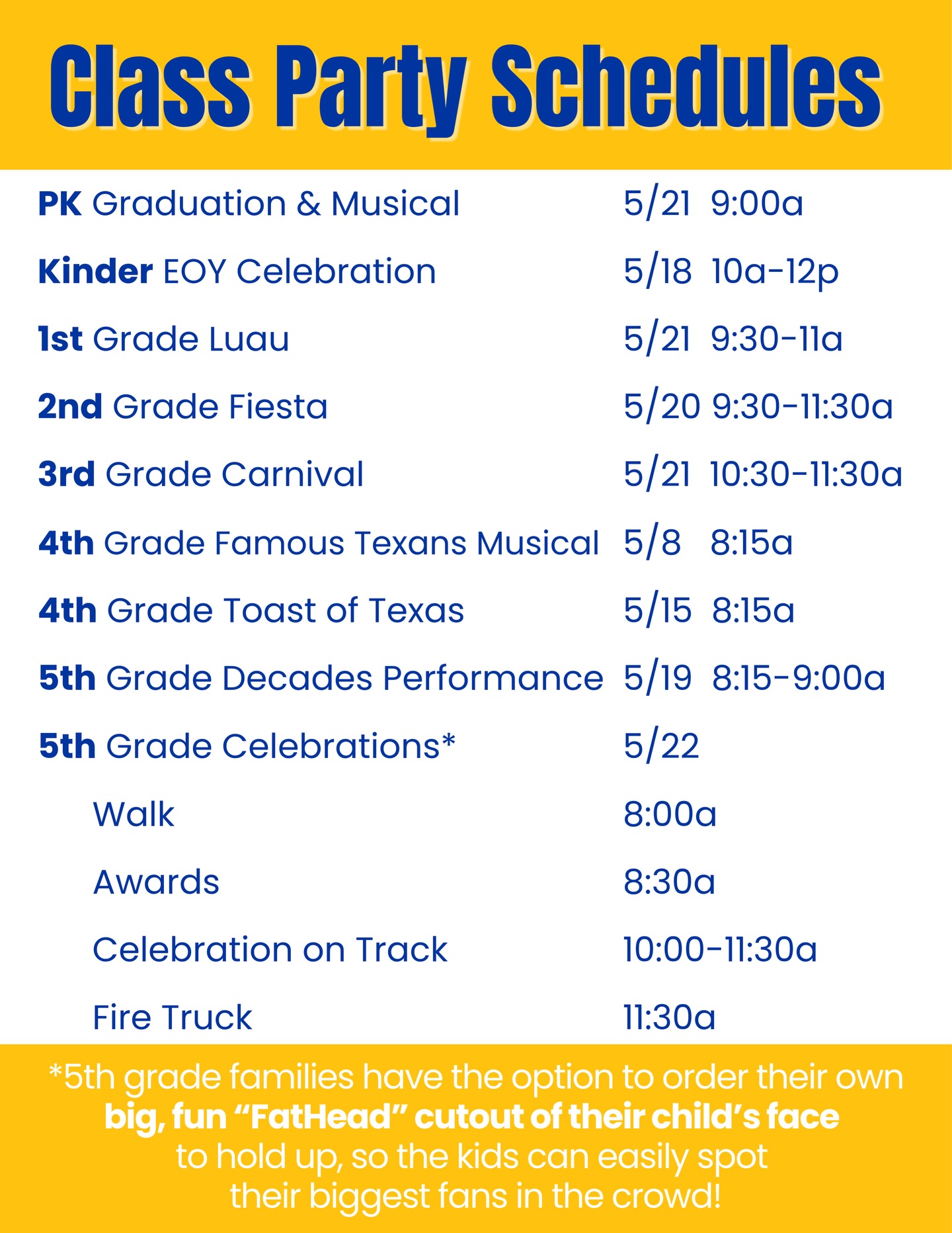 🥳 Our End-of-Year @wsestiger class parties are almost here, and we can’t wait to celebrate all of our students! 🎉
All grades will enjoy class parties as we wrap up an amazing year - thank you for helping make them so special! Please remember that all these events are for students in that particular grade level only. Siblings are not permitted to attend another grade level event, even if a sibling has been signed out for the day.
🌟 5th Grade Families:
Many families are choosing to order a medium-size “Fathead” of their child (using a Pre-K or Kinder photo) to hold up and cheer! A Fathead is a large, fun cutout of your child’s face printed on foam board. Such a special way to celebrate them as they finish their elementary years!
This is completely optional, but we wanted to make sure all 5th grade families are aware if you’d like to participate.
🔗 Order here: https://fathead.com/
➡️ Use code GOBIG25 for a discount
Let’s celebrate big and finish the year strong!