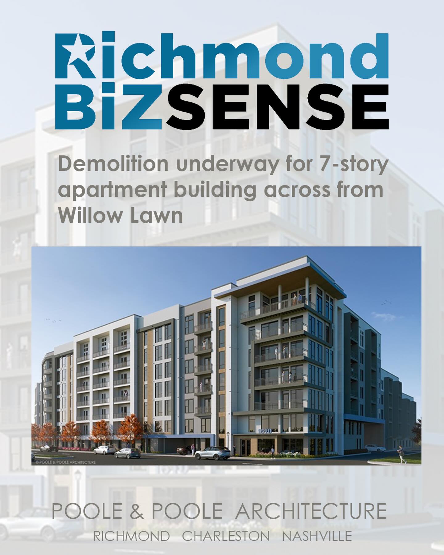 Big changes are coming to Willow Lawn! Demolition has begun on a site that will soon become a 7-story apartment community. It has been a pleasure to team up Thalhimer Realty Partners and Crenshaw Realty on a job that will add so much to the Willow Lawn community. Read all about it: https://richmondbizsense.com/2026/05/04/demolition-underway-for-7-story-apartment-building-across-from-willow-lawn/