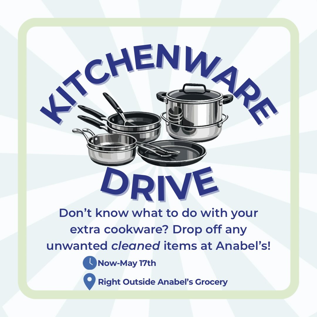 Do you have extra cookware lying around? Are you a senior who is trying to find a place to donate your cookware? Anabel's is hosting a cookware drive and we would love your donations of any clean cutlery, pots & pans, etc.! Drop them in the box right outside of Anabel's! These items will be donated to students next semester 😊