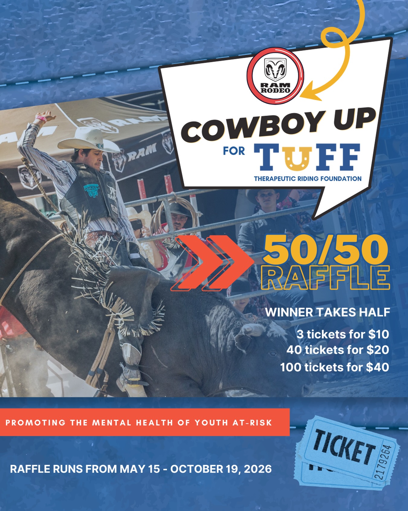 The countdown is on!‼️🚨
We will be running our popular Cowboy Up for TUFF 50/50 Raffle again this year, starting May 15th (it will run until Rodeo finals, October 19th 2026) with the support of the wonderful @ramrodeotour team 🤠🐎
We hope to break some records this year and create the biggest jackpot to date while continuing to promote the mental health of youth at-risk - we would LOVE your help 💙
The first Rodeo weekend will be May 23-24 (Grey Highlands Ram Rodeo) followed by the Headwater Ram Rodeo on June 6-7.
You can find the schedule for the whole season as well as the link to purchase raffle tickets next week, via the link 🔗 in our bio! 🎉
#tufftherapeuticridingfoundation #ramrodeo #cowboyupfortuff #tuff5050 #promotementalhealth
