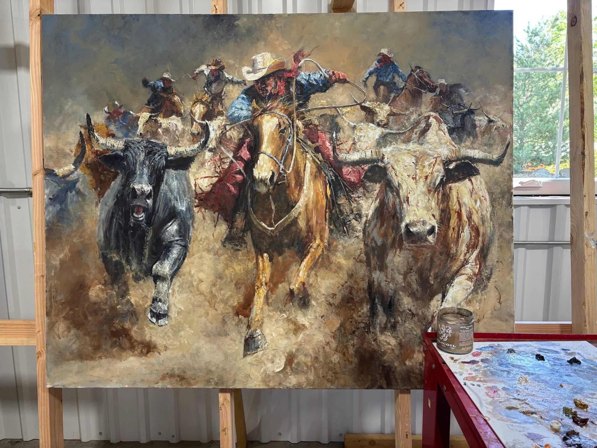 From my nomadic studio now in Colorado, following one in Scottsdale then Dallas, I’m getting warmed up with this smallish 60 x 48” one to do a sort of big one, 6 yards by 60 inches. Ill keep u posted as Ill be as interested as you to see how I go. Its an interesting commission.