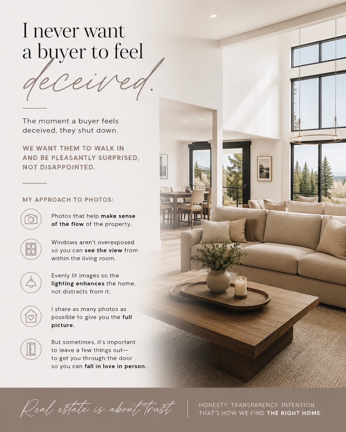One of the things I never want when marketing a property is for a buyer to walk in and feel deceived. The moment that happens, people shut down emotionally and start looking for problems instead of possibilities.
I can’t tell you how many times I’ve heard buyers walk into a home and immediately say, “It felt so much bigger in the photos.”
Good real estate photography should absolutely highlight a home in its best light, but in my opinion, the goal isn’t to exaggerate the space. It’s to help buyers understand the flow, feel, and features of the property before they walk through the front door.
It's important to make sure windows aren’t blown out so buyers can actually see the view from inside the home. I want the lighting to feel natural and even so it enhances the space rather than distracts from it. And I try to include enough photos that buyers can understand how the home connects and lives as a whole.
That said…sometimes it’s also important to leave a little something to discover in person. There are features that simply can’t be captured properly online and certain rooms that might not photograph well but feel wonderful once you’re standing in them.
The goal is always the same: for buyers to walk in and feel pleasantly surprised, not disappointed.
Real estate is built on trust and I think marketing should reflect that too.
P.S I'm a big fan of @reddotservices as their photographers all have an incredible eye for getting the best possible shot for all my listings.