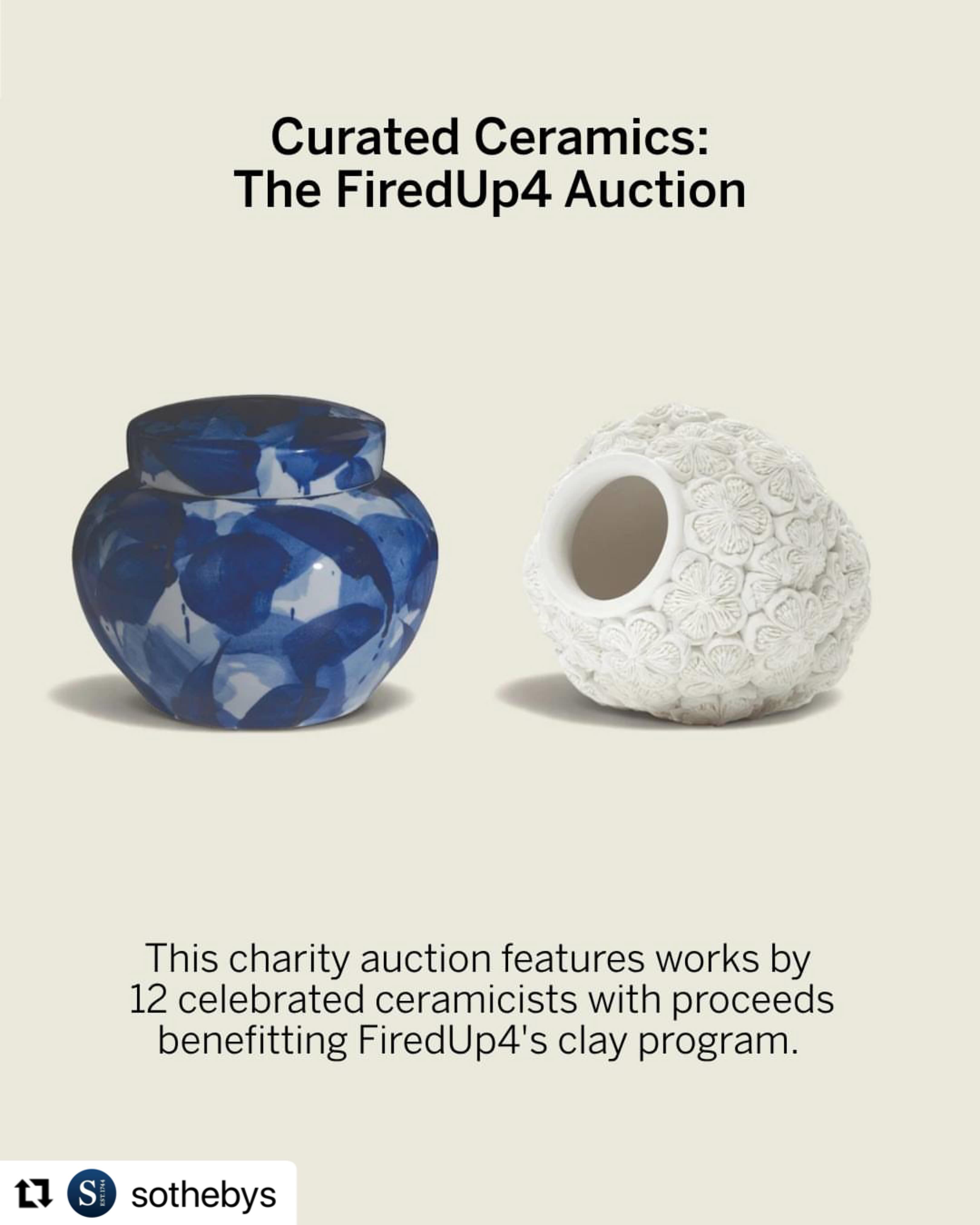 Auction 14th May @firedup4clay @sothebys London
Viewing dates: 11-17 May
#Repost @sothebys with @use.repost
・・・
Here’s everything you need to know about the London Craft Week takeover at our New Bond Street galleries from 11 – 17 May.
This week-long program includes exhibitions, sales, and public programs highlighting the current state of craft. We will present a charity auction for FiredUp4, exhibit masterful crafts from leading commercial galleries, and hold a secret auction of ceramics. It will culminate to the Festival of Craft on 16 May, a day of artist demonstrations, thought-provoking talks, and hands-on workshops.
Visit the link in bio to learn more about the programming.