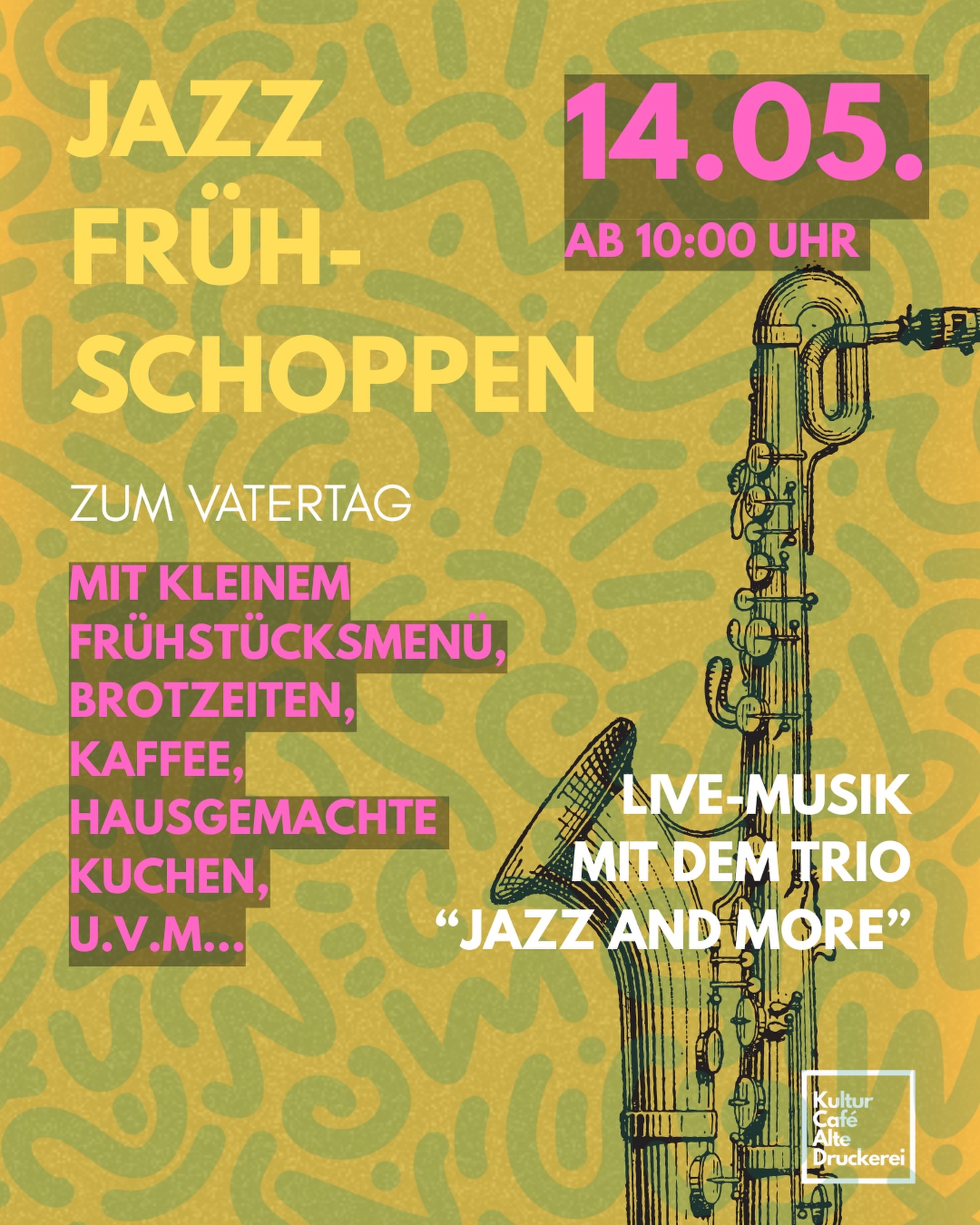 Zum Vatertag am 14.05. wird’s wieder entspannt musikalisch – wir laden euch herzlich zu unserem zweiten Jazz-Frühschoppen in die Alte Druckerei ein! 🎷
Freut euch auf das Trio „Jazz and more“, das euch mit Saxophon, Bass und Gitarre durch den Vormittag begleitet. Gespielt wird alles, was das Jazzherz höherschlagen lässt: von bekannten Klassikern bis hin zu echten Geheimtipps aus dem Realbook – ganz entspannt und mit viel Gefühl.
Stilistisch ist für Abwechslung gesorgt: Ob Swing, Bebop, Bossa Nova oder modernere Sounds wie Funk und Fusion – hier kommt jeder auf seine Kosten.
Natürlich darf auch der Genuss nicht zu kurz kommen: Euch erwartet ein leckeres Angebot aus kleinen Frühstücken, Brotzeiten, Kaffeespezialitäten, hausgemachten Kuchen und erfrischenden Drinks.
Kommt vorbei, lehnt euch zurück und genießt den Feiertag mit guter Musik, leckerem Essen in entspannter Atmosphäre.
Gerne reservieren wir euch auch einen Platz!