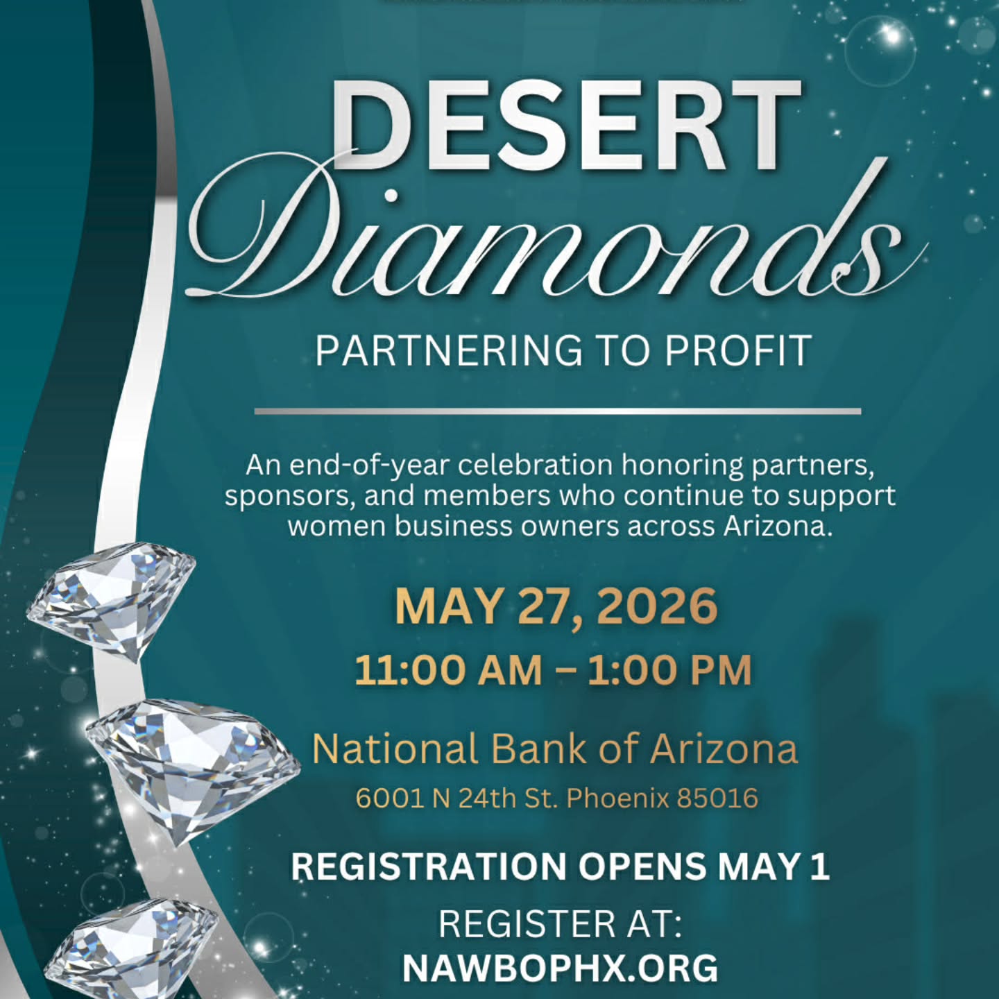 THIS. IS. IT 👏✨️💎 Our year end Grand Finale of the NAWBO year!
Pressure creates diamonds, but community makes them shine. 💎✨
We are officially counting down to the most sparkling event of the year: the NAWBO Phoenix Desert Diamonds Awards Brunch! 🏜️🥂
On May 27th, we gather to honor the brilliant women and community partners who have shown up, scaled up, and lit up the Phoenix business landscape this year. This isn’t just an awards ceremony; it’s a celebration of the resilience, innovation, and "vision" that defines our chapter.
Join us as we crown our winners and toast to another year of shattering glass ceilings. 🥂🔨
✨ Date:.May 27, 2026
✨ Theme: Partnering to Profit
🔗 Secure your seat at the link in our bio!
#NAWBOPhoenix #DesertDiamonds #WomenInLeadership #PhoenixBusiness #AwardsBrunch