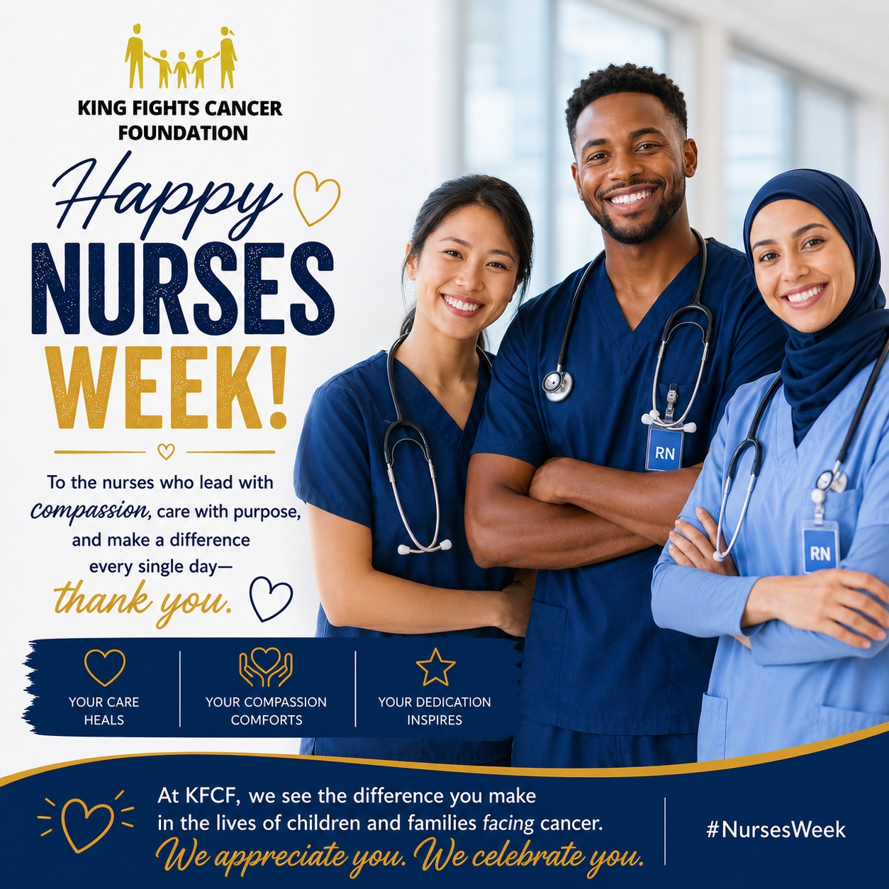 This Nurses Week (May 6 - May 12) we honor the nurses who support children and families through some of life’s hardest moments.
From late-night comfort, to steady reassurance, to the compassion you show on the most difficult days. You bring strength, hope and healing into hospital rooms and into the hearts of families facing life threatening illnesses.
At King Fights Cancer Foundation, we know firsthand how deeply nurses impact a child’s journey. Thank you for every hand you’ve held, every tear you’ve wiped away, every smile you’ve created and every family you’ve helped feel a little less alone.
Your compassion changes lives every single day.
We appreciate you. We celebrate you. We thank you.
Happy Nurses Week from King Fights Cancer Foundation 🎗️💛✨
•
•
•
#NursesWeek #ThankYouNurses #kingfightscancerfoundation #StrongerTogether