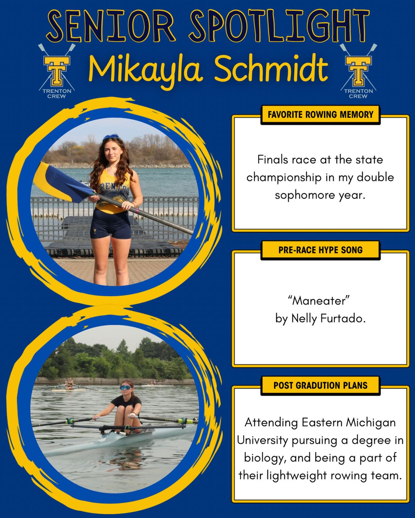 Senior Spotlight! โจ๐ฃ๐ปโโ๏ธ Mikayla Schmidt is a four year senior who has been a great leader of our team. She will continue to grow as an athlete at Eastern Michigan University with their lightweight program. We are so proud of her!