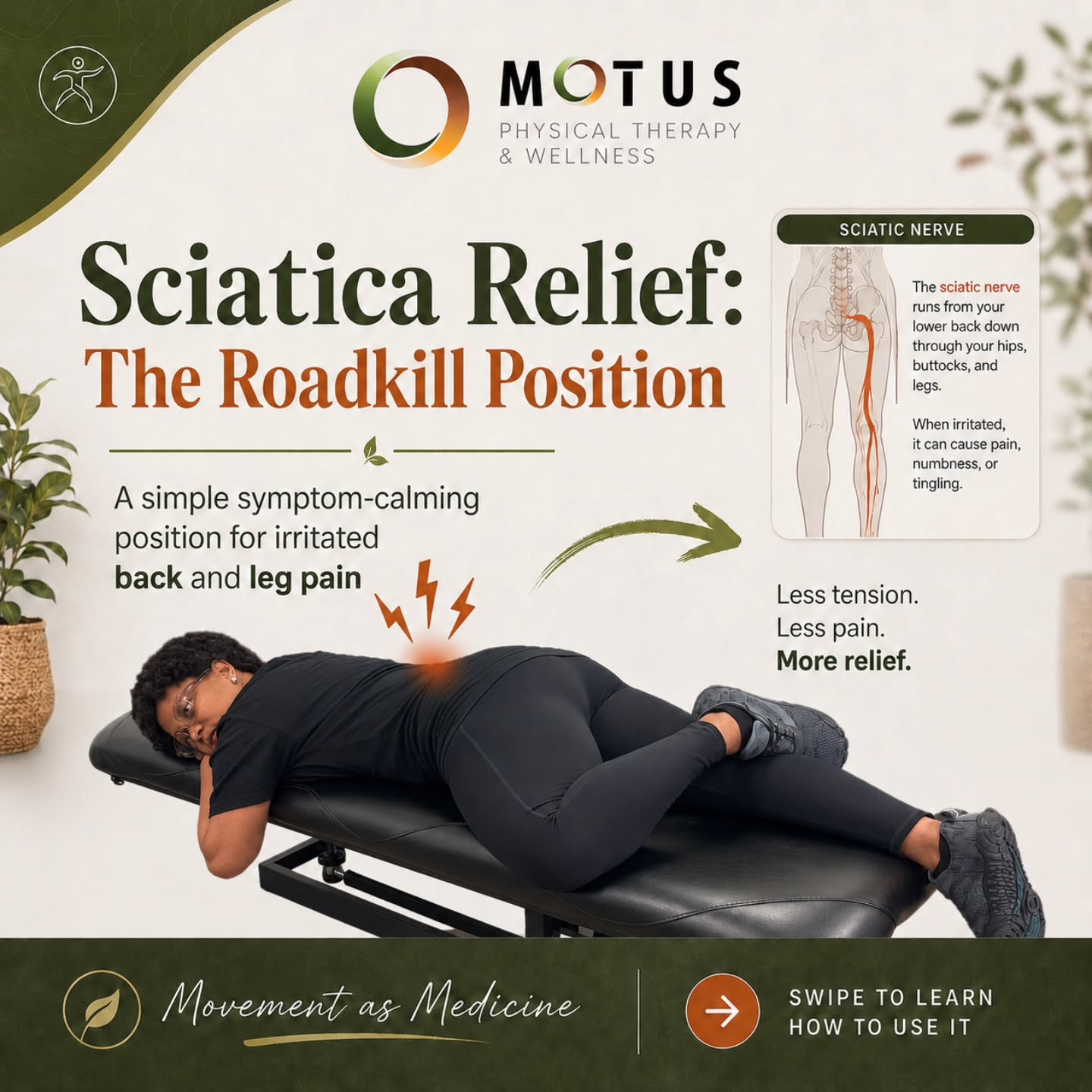 Sciatica pain running down your back or leg? This simple “Roadkill Position” can help calm irritated nerves and reduce tension through the lower back and hips. 🙌
The goal isn’t to push through pain.. it’s to give your body a position where the nervous system can relax and symptoms can settle down.
✨ Benefits may include: • Reduced sciatic nerve irritation
• Less tension in the low back & glutes
• Improved comfort with sitting and walking
• Gentle relief without aggressive stretching
Try holding the position for 1–2 minutes while focusing on slow breathing. If symptoms increase, stop and consult with a professional.
At Motus, we focus on movement that helps you heal, not just temporarily mask symptoms. 💚
#SciaticaRelief #SciaticPain #PhysicalTherapy #MotusPT #BackPainRelief MovementIsMedicine WellnessJourney LowBackPain SciaticNerve PainReliefExercises