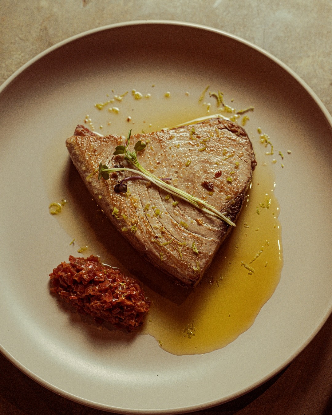Yellowfin Tuna • dry aged tuna steak, seaweed butter, pickled onion relish
~
Believe us, you've never had a tuna steak this good before. Best on the medium-rare side, with a delicious relish and umami butter