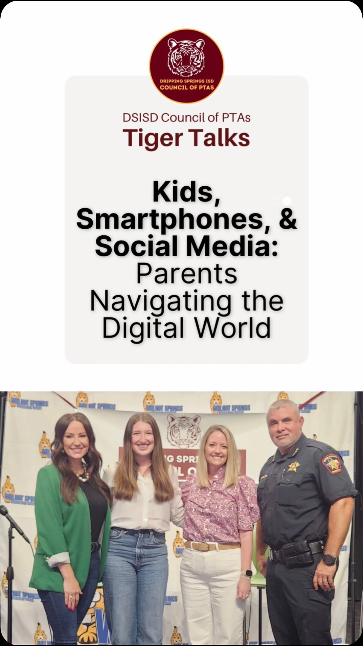 Last month, the @wsestiger PTA hosted an important @dsisdcouncilpta Tiger Talk conversation on Kids, Smartphones, and Social Media: Parents Navigating the Digital World. 📱💬
Our panelists shared thoughtful perspectives from law enforcement, education, research, technology, student life, and parenting… creating a meaningful discussion about how we can keep our kids safer in the world of devices.
Thank you to our incredible panel participants for sharing your expertise, experiences, and honest conversations with our community. We’re excited to share a few moments from the evening in this recap reel. 🎥✨
🔗 View the full video at: https://youtu.be/HpJFjLWQ7z8?si=5fMuZCd5HC59YuMd