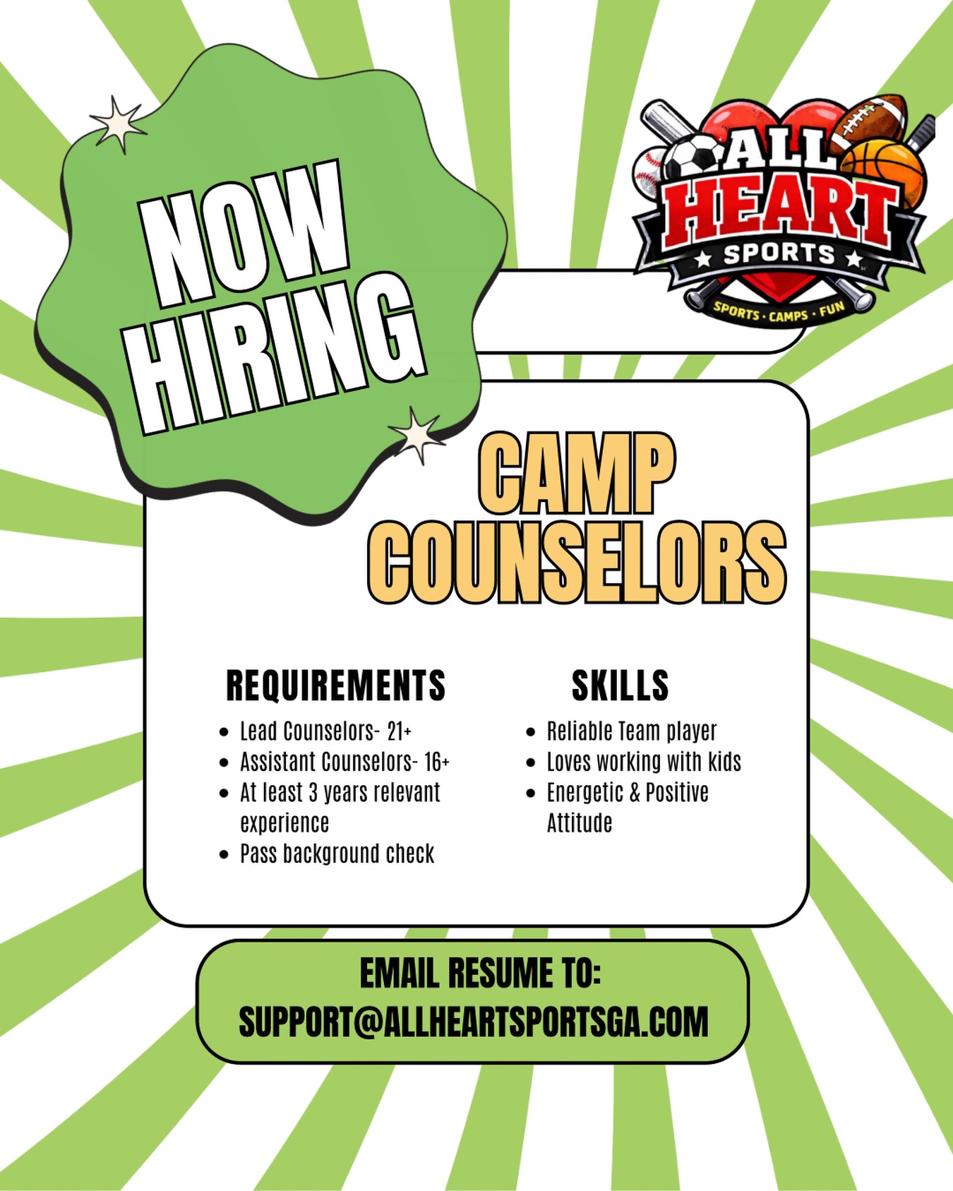 Weโre hiring! โ๏ธ๐โฝ
Join the team at All Heart Sports this summer as a camp counselor! Weโre looking for energetic, reliable team players who love working with kids and creating unforgettable summer experiences. ๐ฅ
If youโre passionate about sports, leadership, and making a positive impact โ weโd love to hear from you!
๐ง Send resumes to: support@allheartsportsga.com
#NowHiring #SummerJobs #CampCounselor #AllHeartSports #MariettaGA