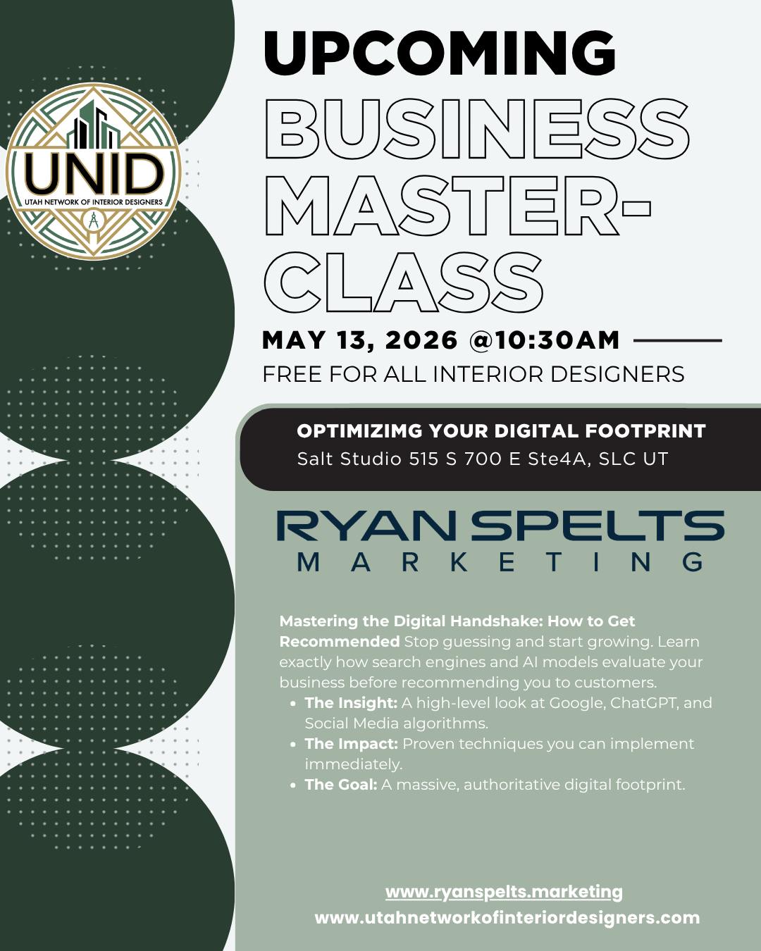 Interior designers, come hang out with us at the upcoming UNID Business Masterclass!
We’ll be sharing real strategies to help your business show up online and stand out where people are actually searching today — Google, social media, and AI search.
If you’ve been wondering how to grow your visibility and get more of the right clients finding you, this class is for you.
📍 Salt Studio, SLC
📅 May 13, 2026
⏰ 10:30 AM
FREE for all interior designers
#RyanSpeltsMarketing #InteriorDesignMarketing #UNID #UtahInteriorDesigners #DigitalMarketing #LocalSEO