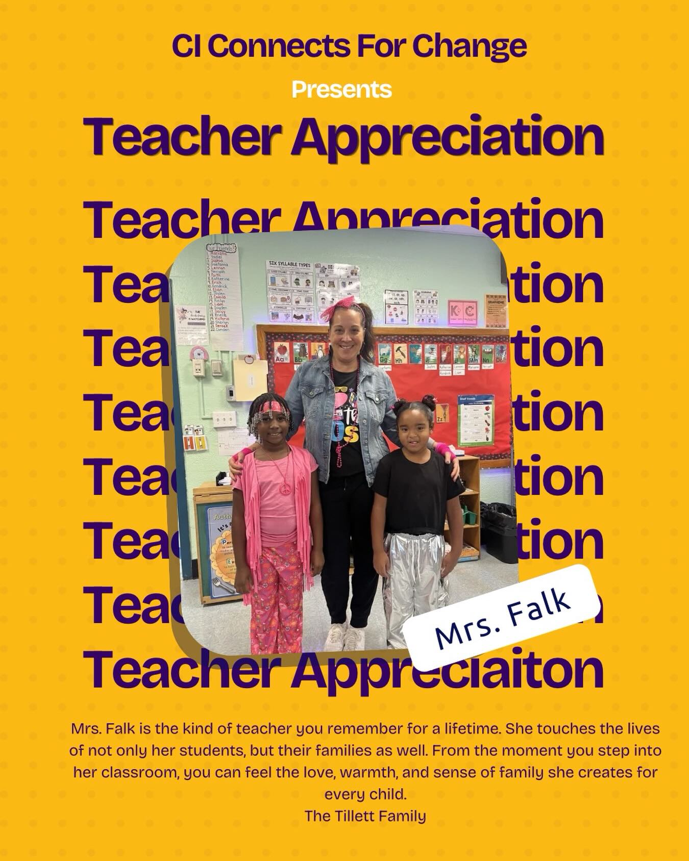 Mrs. Falk is the kind of teacher you remember for a lifetime. 🍎✨
She touches the lives of not only her students, but their families as well. From the moment you step into her classroom, you can feel the love, warmth, and sense of family she creates for every child.
Mrs. Falk has a special way of engaging her students that leaves them excited to come home each day eager to share all the fun and exciting things they learned at school.
She consistently goes above and beyond for her students, making every single day a meaningful and memorable experience. Her dedication, kindness, creativity, and passion for teaching shine through in everything she does.
Thank you, Mrs. Falk, for all you have done to make 2nd Grade the very best place to be! Your impact will be felt for years to come.