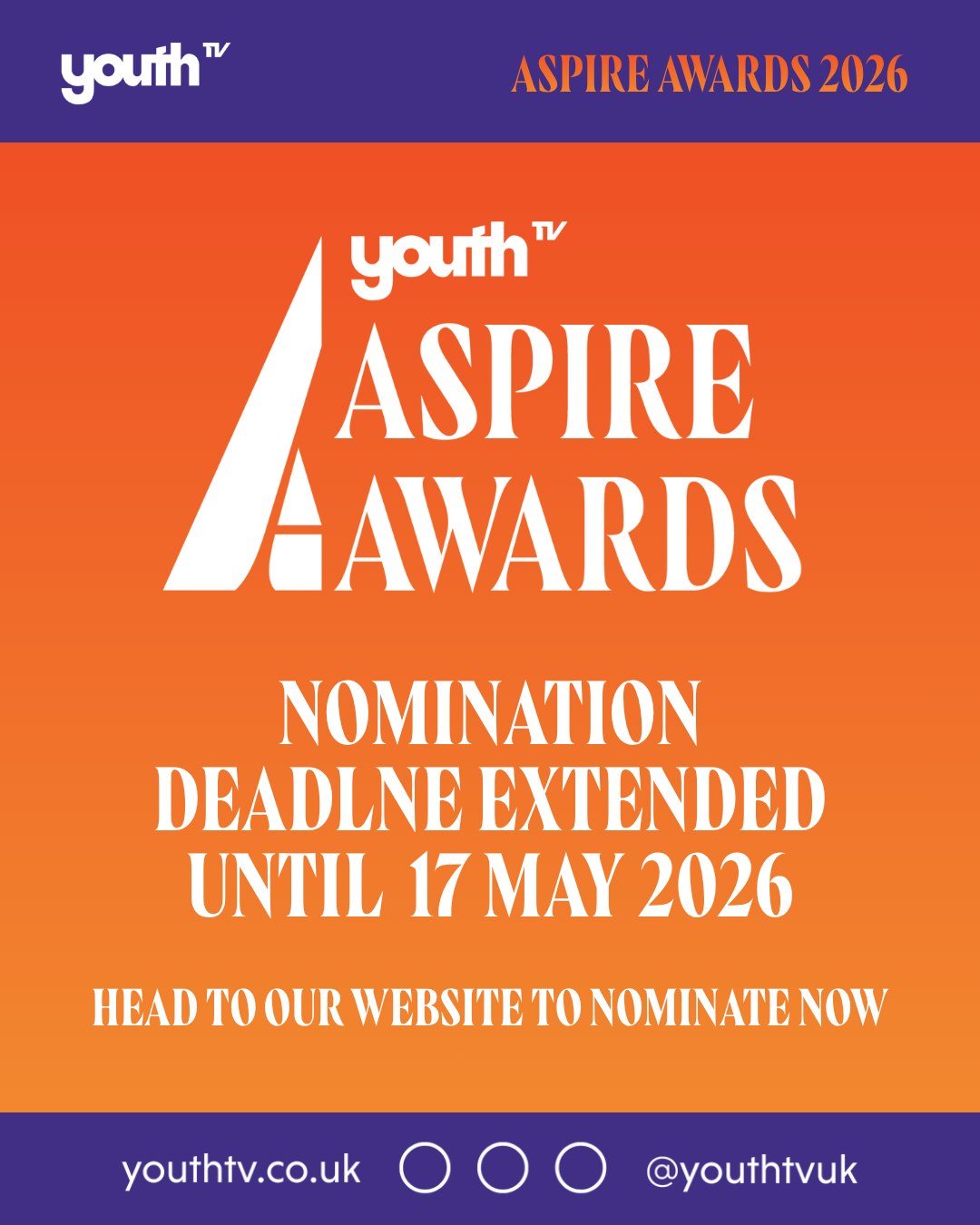 🚨 NOMINATIONS DEADLINE EXTENDED 🚨
Missed the first deadline? Good news.
You now have one more week to nominate the young people, youth clubs, and organisations making a real difference for young people through the ASPIRE Awards 2026.
⏰ New deadline:
Sunday 17 May 2026 at 23:59
👉 Nominate now – link in bio
#aspireawards #aspire2026 #youthtv #youthtuk #deadlineextended #communityimpact #youthleadership #recogniseexcellence