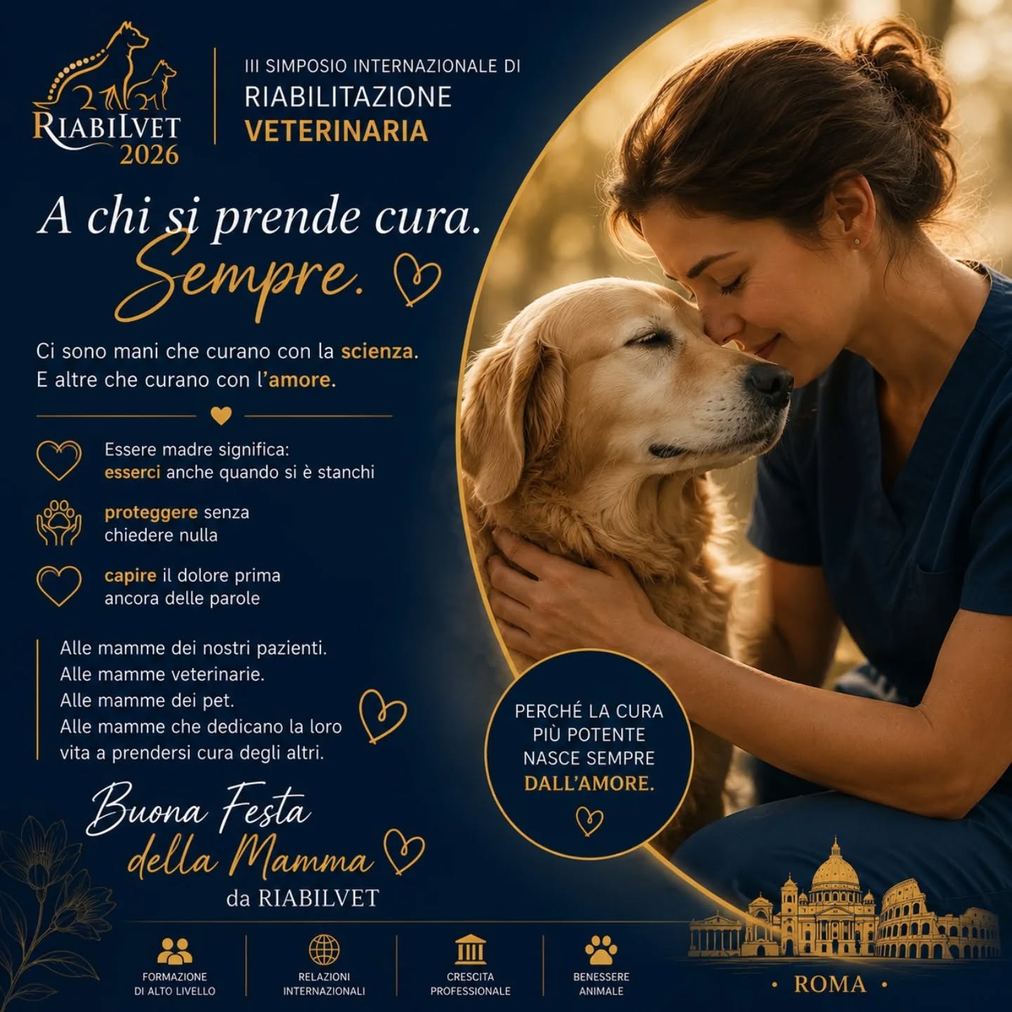 💐 A chi si prende cura. Sempre.
Ci sono mani che curano con la scienza.
E altre che curano con l’amore.
A volte sono le stesse.
Essere madre significa:
✔ esserci anche quando si è stanchi
✔ proteggere senza chiedere nulla
✔ capire il dolore prima ancora delle parole
Alle mamme dei nostri pazienti.
Alle mamme veterinarie Alle mamme dei pet.
Alle mamme che dedicano la loro vita a prendersi cura degli altri.
💬 Oggi celebriamo voi.
Perché la cura più potente nasce sempre dall’amore.
🌷 Buona Festa della Mamma
da RIABILVET
#FestaDellaMa