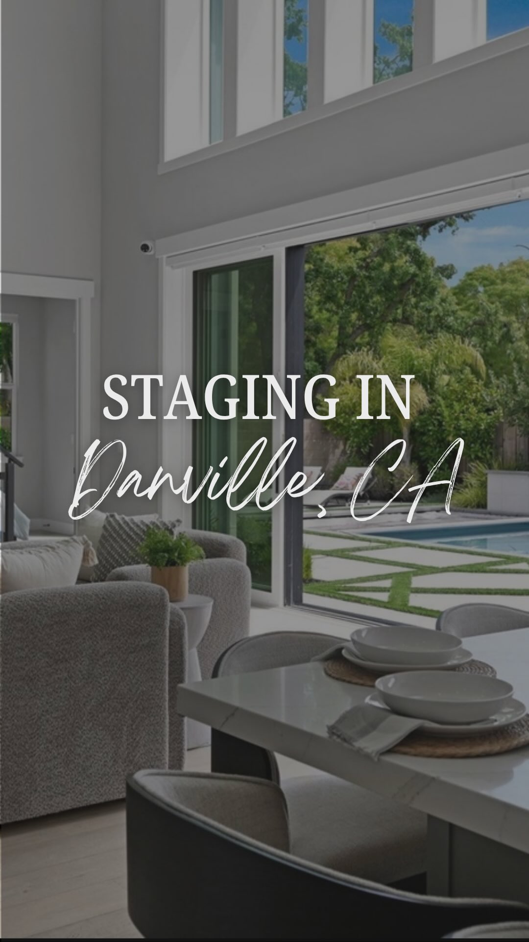 When we walked this Danville house, the great room had toys on the coffee table and a leather sectional that worked for the family but not for the photos. Upstairs, the bonus room was doing duty as a laundry and drying station with baskets on the couch and a calendar leaning against the wall.
Selling means the buyer has to picture themselves in the space, not see the current life happening in it.
For the great room, we kept the architecture as the lead. Curved boucle chairs around a low wooden coffee table. A patterned rug to anchor the seating inside the open layout. The pool view through the sliders stayed wide open from every seat.
Upstairs, the laundry room became the second living space the floor plan was built for. Same three windows. Completely different room.
Two staged spaces. Same house. Different listing.
DM us if your next listing needs the same kind of reset.