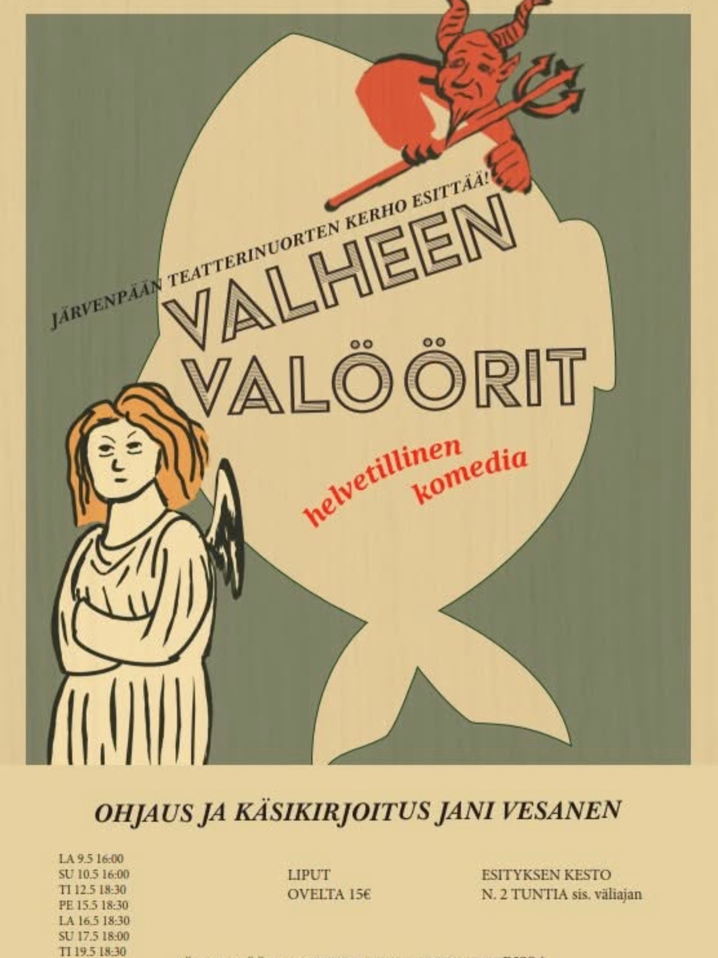 Tänään Järvenpään teatterissa on ensi-ilta.
Järvenpään teatterinuoret ovat treenanneet viime syksystä asti ja tänään heidän esitys näkee päivänvalon.
Valheen valöörit on kantaesitys, jonka on käsikirjoittanut ja ohjannut Jani Vesanen.
Ihanaa ensi-iltaa koko työryhmälle!
VALHEEN VALÖÖRIT:
Ensi-ilta la 9.5.2026 klo 16.00
Muut esityspäivät/ajat:
su 10.5. klo 16.00
ti 12.5. klo 18.30
pe 15.5. klo 18.30
la 16.5. klo 18.30
su 17.5. klo 18.00
ti 19.5. klo 18.30
Liput myy lippu.fi
#järvenpäänteatteri #järvenpäänteatterinnuoret #valheenvalöörit #kantaesitys #teatteri @jarvenpaanteatteri