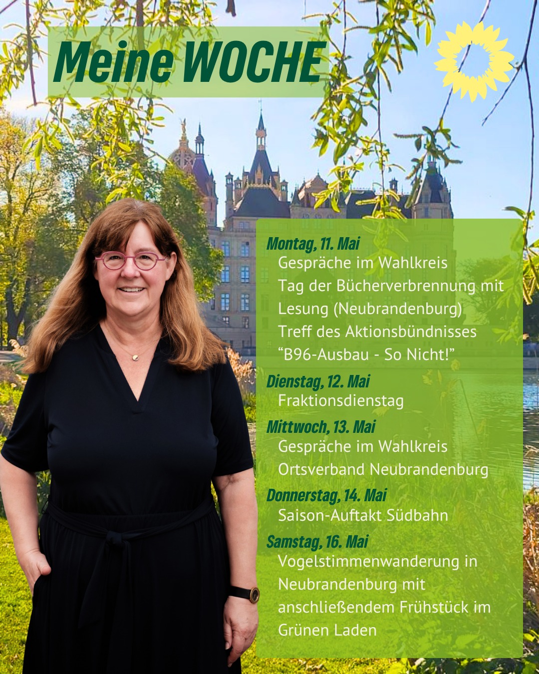 🌦️ “Plitsche, platsche, regennass - Wasserpfützen machen Spaß” - überall im Land!
☔ Die neue Woche startet verregnet und kühl mit Gespräche in meinem Wahlkreis, einer Lesung anlässlich des Tags der Bücherverbrennung in Neubrandenburg und dem Treff des Aktionsbündnisses “B96-Ausbau - So nicht!” in Neustrelitz.
🌻 Am Dienstag bin ich in Schwerin vor dem Regen geschützt - es ist wieder Fraktionsdienstag.
💚 Der Mittwoch führt mich zurück in meinen Wahlkreis zu Gesprächen und einer Sitzung meines Ortsverbands. Am Donnerstag findet der Saison-Auftakt der Südbahn in Plau am See statt. Den Freitag verbringe ich mit meiner Familie.
🐦⬛ Am Samstag gibt es dann einen kleinen Höhepunkt: Mein Neubrandenburger Ortsverband hat mich zu einer Vogelstimmenwanderung mit anschließendem Frühstück eingeladen. Um 6 Uhr geht es am Wanderparkplatz Broda los mit BUND-Naturführerin Irene Blendinger. Ich freue mich auf viele naturbegeisterte Leute.
#juttawegner #gruenimschloss #vogelstimmenwanderung #neubrandenburg #fraktionsdienstag #TagderBuecherverbrennung #AktionsbündnisB96 #Suedbahn #gruenefraktionmv #gruenemv #grueneseenplatte