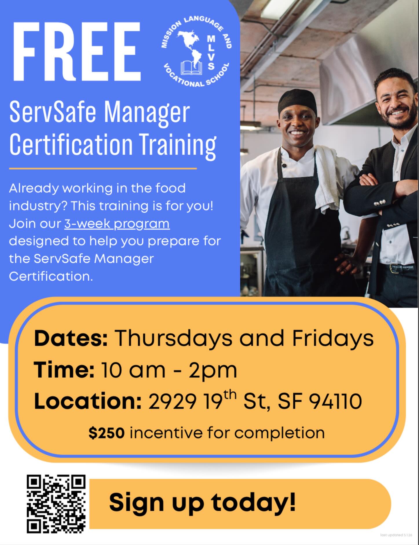Level up your food industry career 🍽️👨🏽🍳
Join our FREE ServSafe Manager Certification Training: a 3-week program designed to help you get certified and grow your opportunities.
📍 2929 19th St, SF
🗓️ Thursdays & Fridays
⏰ 10 AM – 2 PM
💵 $250 incentive upon completion
Sign up today! 🙌
#LTFCareerGrowth #SFHospitalityJobs #FoodIndustry
