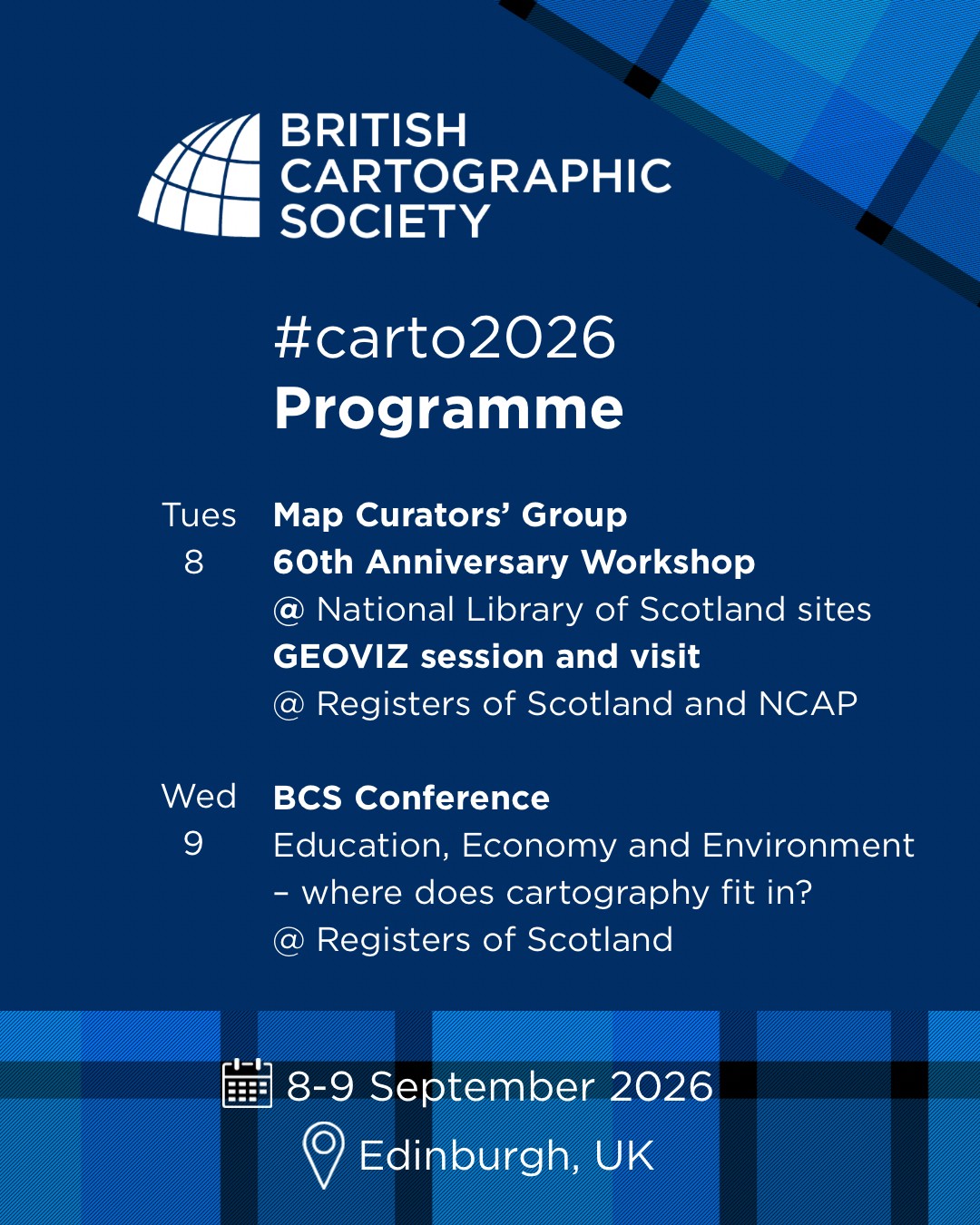 We are coming to Edinburgh this September! And weāre bringing the Map Curators Group 60th Anniversary celebrations, plus - due to demand - our popular GeoViz sessions for Day 1!
Watch this space for a packed conference agenda for Day 2, hosted at The Registers of Scotland, Meadowbank, Edinburgh.
š Link in bio
#carto2026
#community #excellence #mapping #cartography